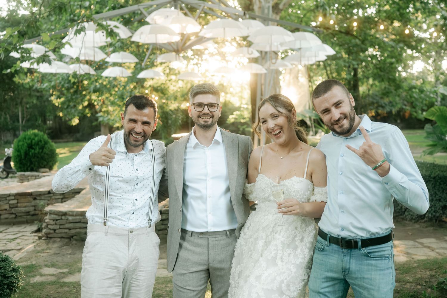 A collage of wedding celebration photos showing guests and couples enjoying outdoor festivities in summer garden settings.