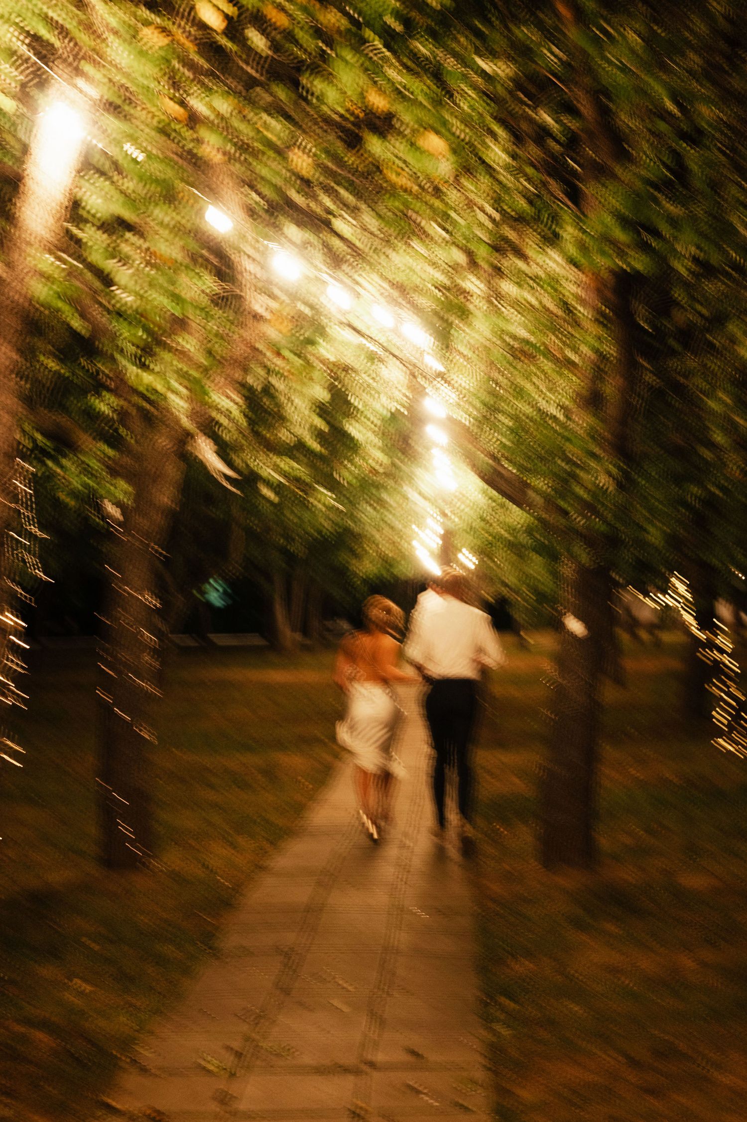 String lights illuminate a tree-lined pathway at night with blurred figures walking in the distance.