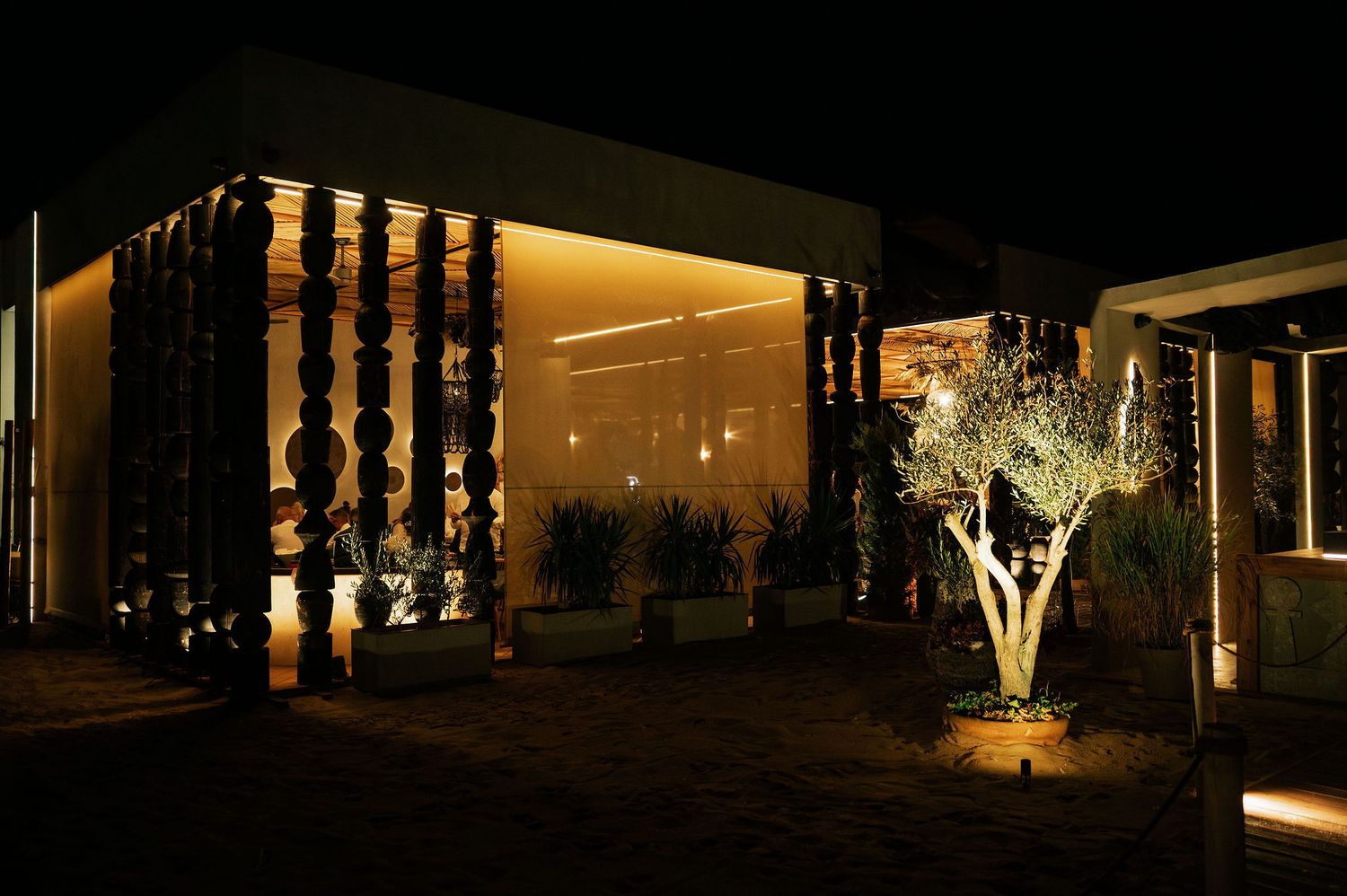 Desert venue exterior with dramatic nighttime lighting and architectural features.