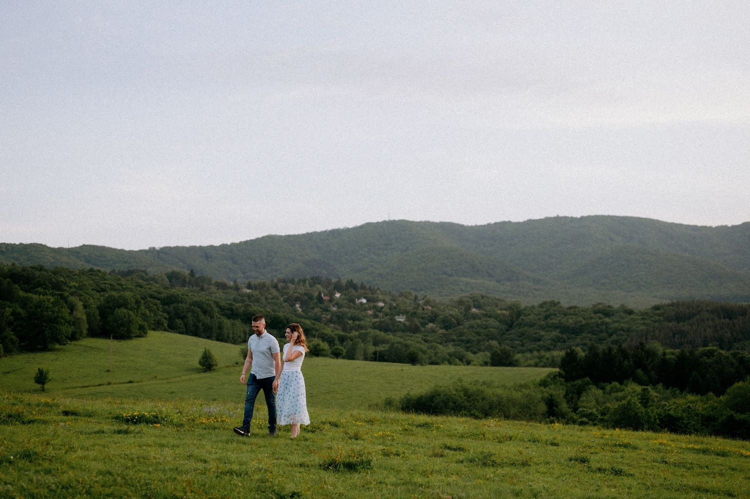 Summer mountain meadow with distant figures and rolling hills in background.