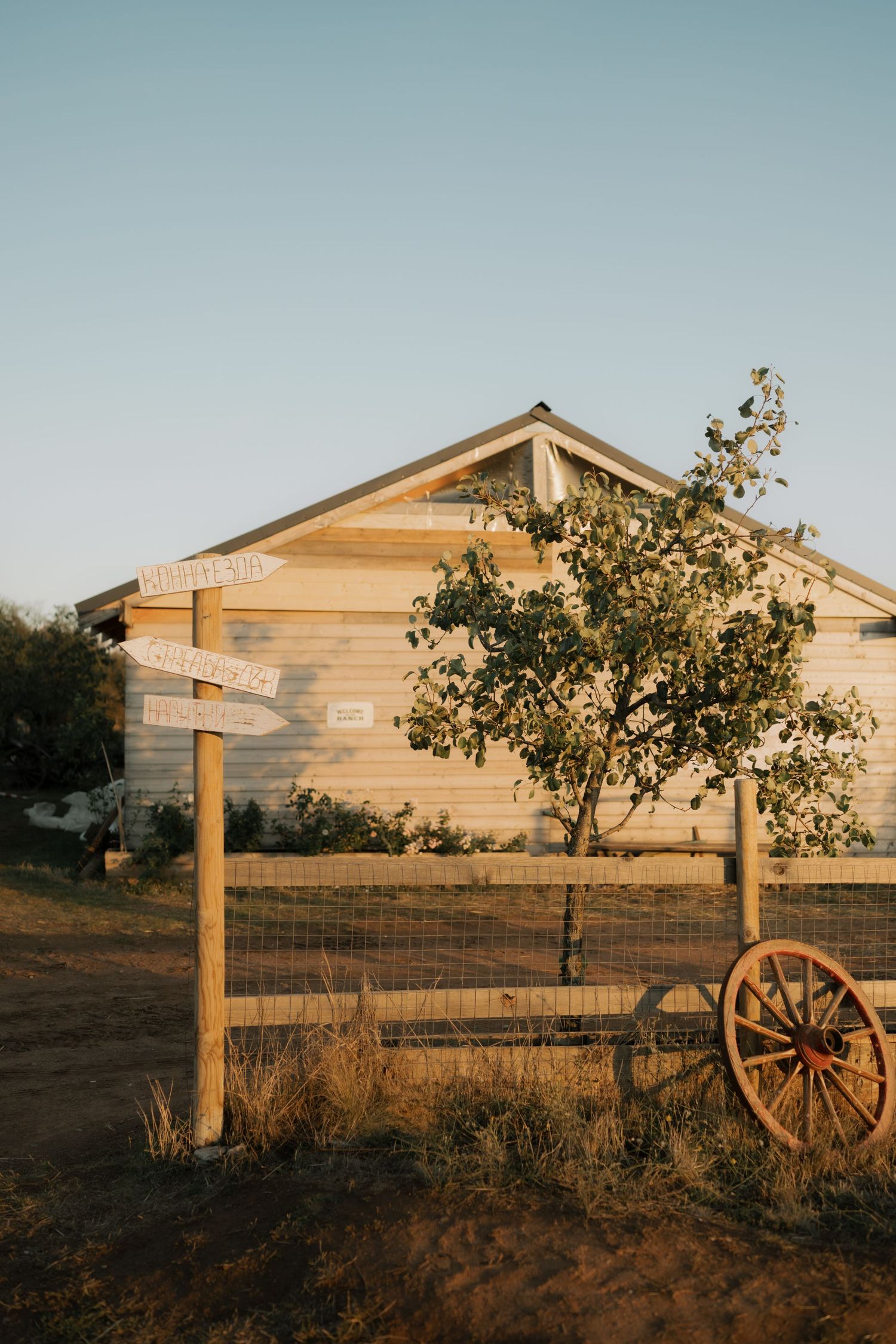 Rustic wooden barn with an old wagon wheel against a wooden fence at sunset casting warm golden light.