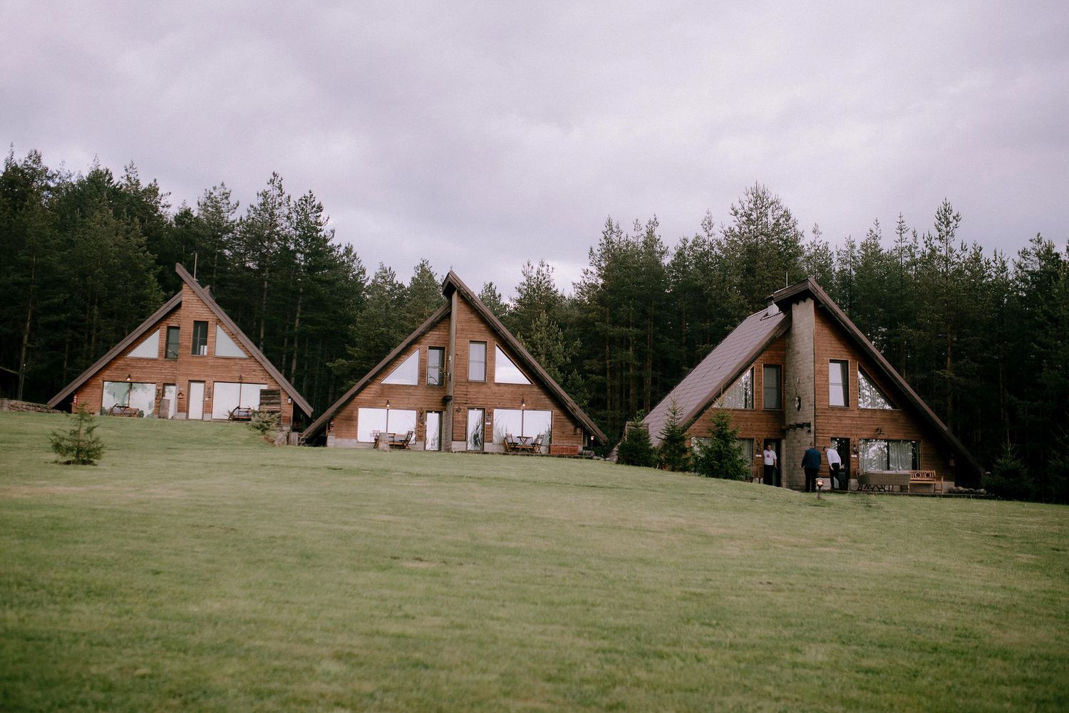 Row of A-frame cabins nestled on a grassy hillside surrounded by pine forest.