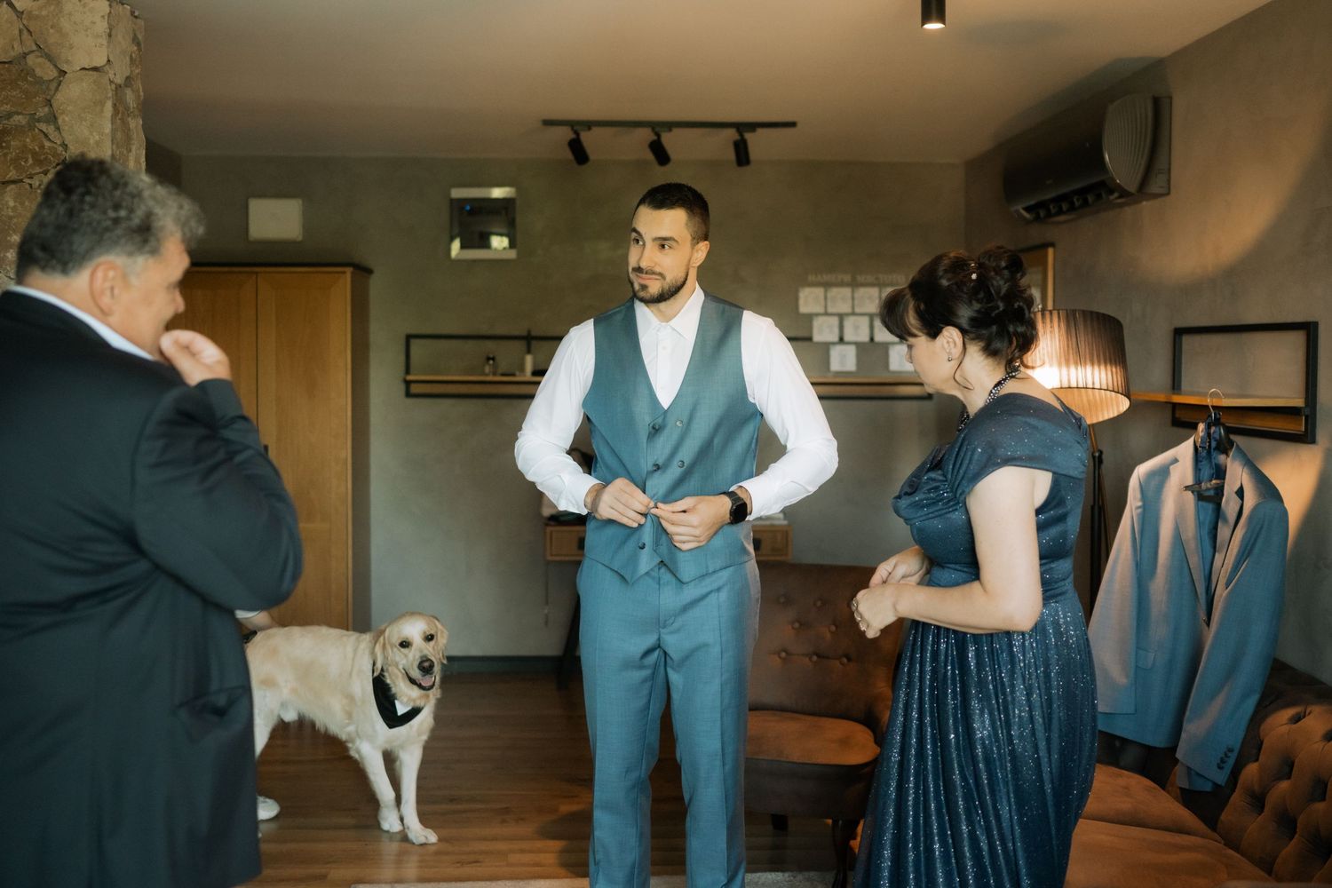 A sequence of wedding party photos showing people dancing and celebrating in an indoor venue with wooden floors.