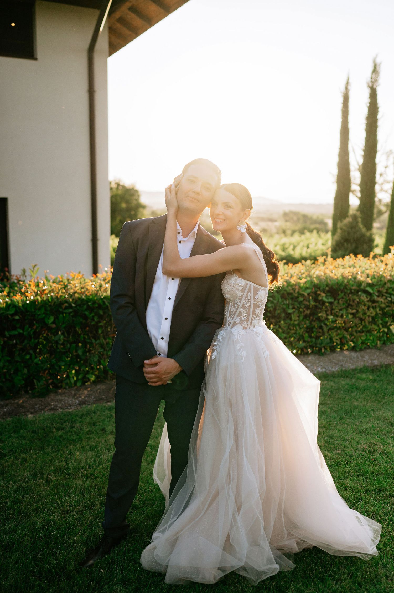 Romantic dance moment captured during golden hour wedding photoshoot.
