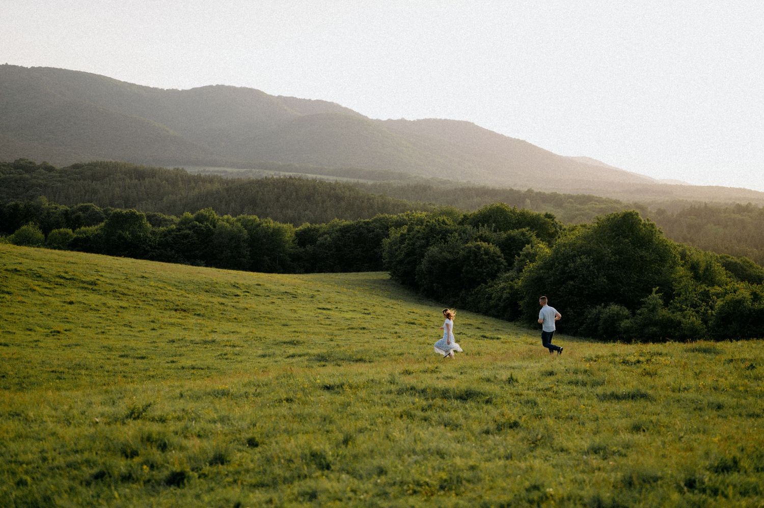 People walking on a verdant hillside meadow with mountains and forest visible in the distance.