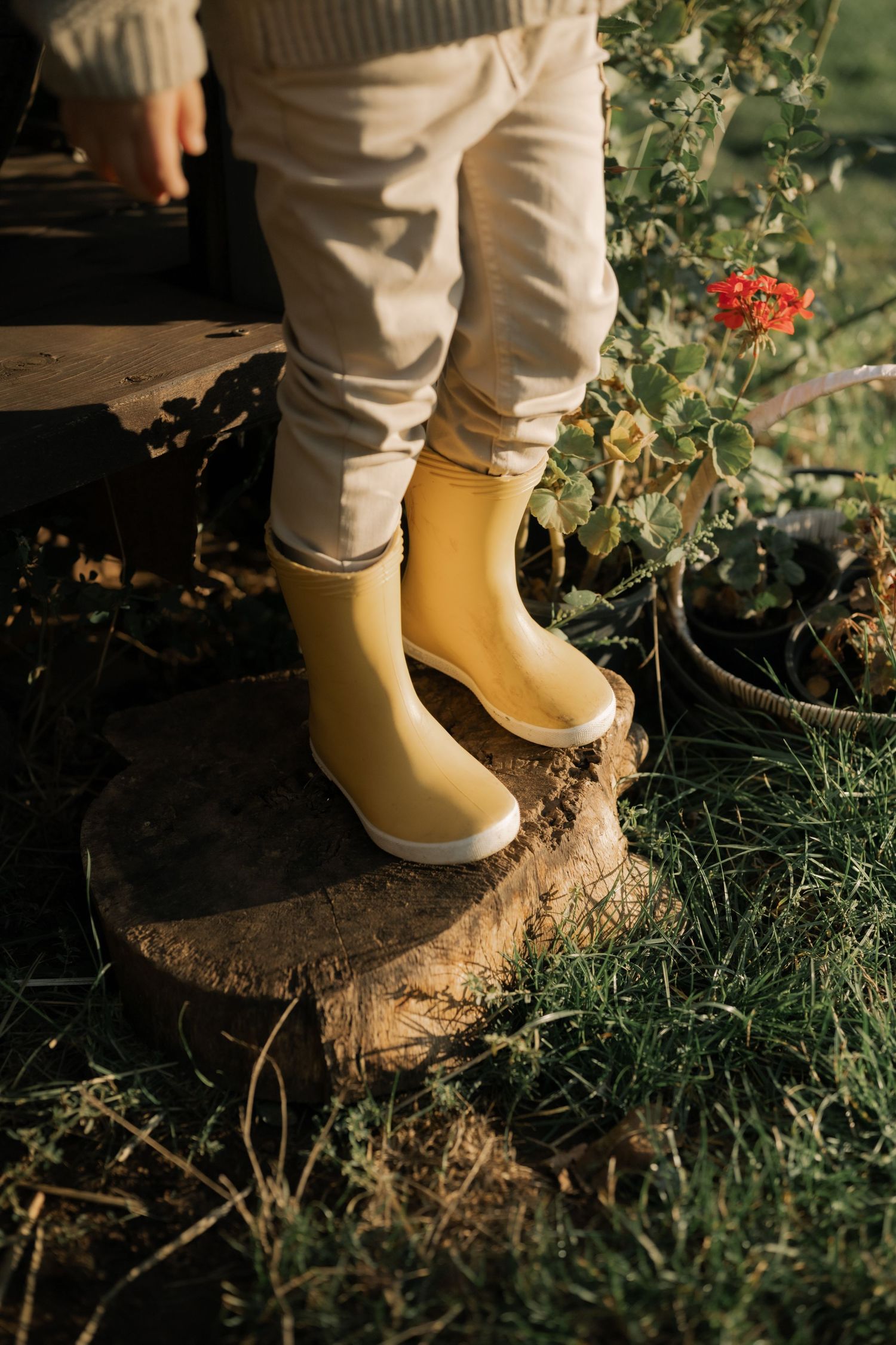 Yellow rubber rain boots standing in dirt and grass while gardening outdoors.