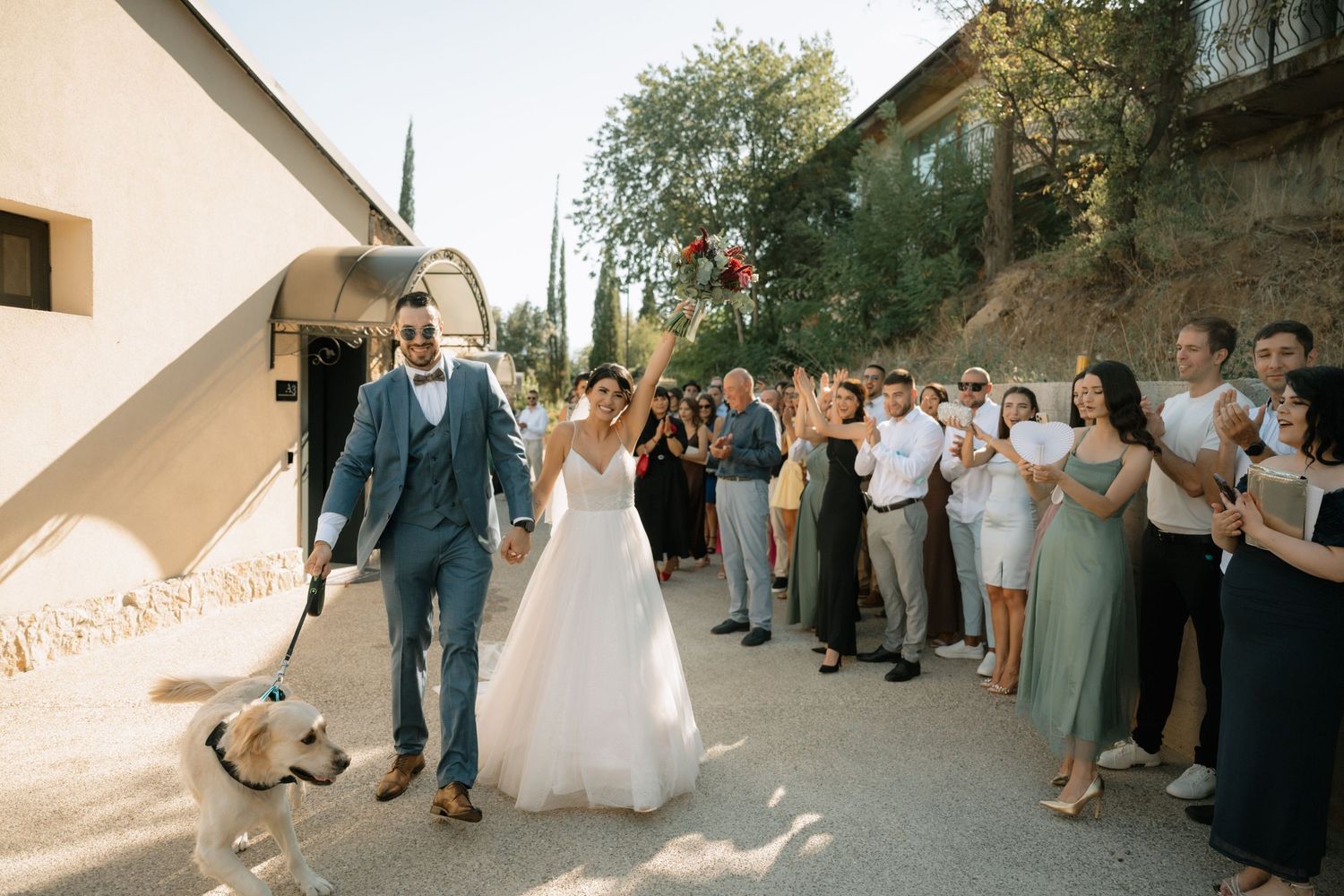 A series of wedding photos showing couples and guests celebrating at an outdoor venue during sunset.