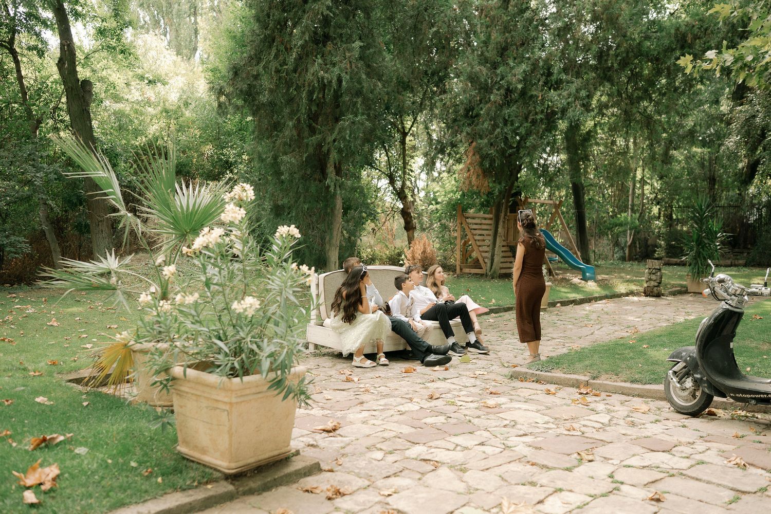 A dog plays in a wooded backyard area with stone pavers and outdoor furniture visible in the background.