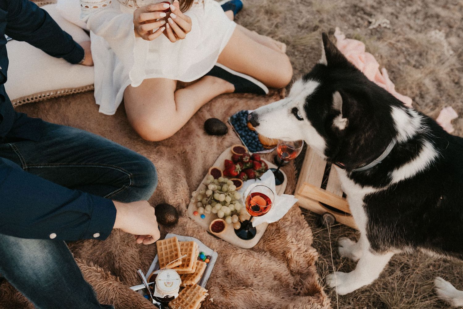 Overhead view of a picnic spread with snacks and drinks on a blanket outdoors.