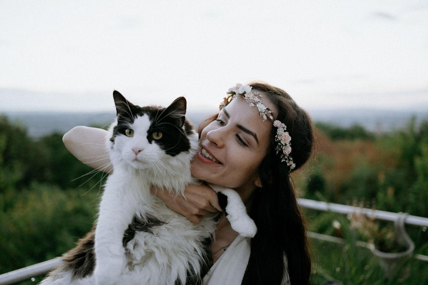 A person in a white wedding dress shares a tender moment with a fluffy white cat.