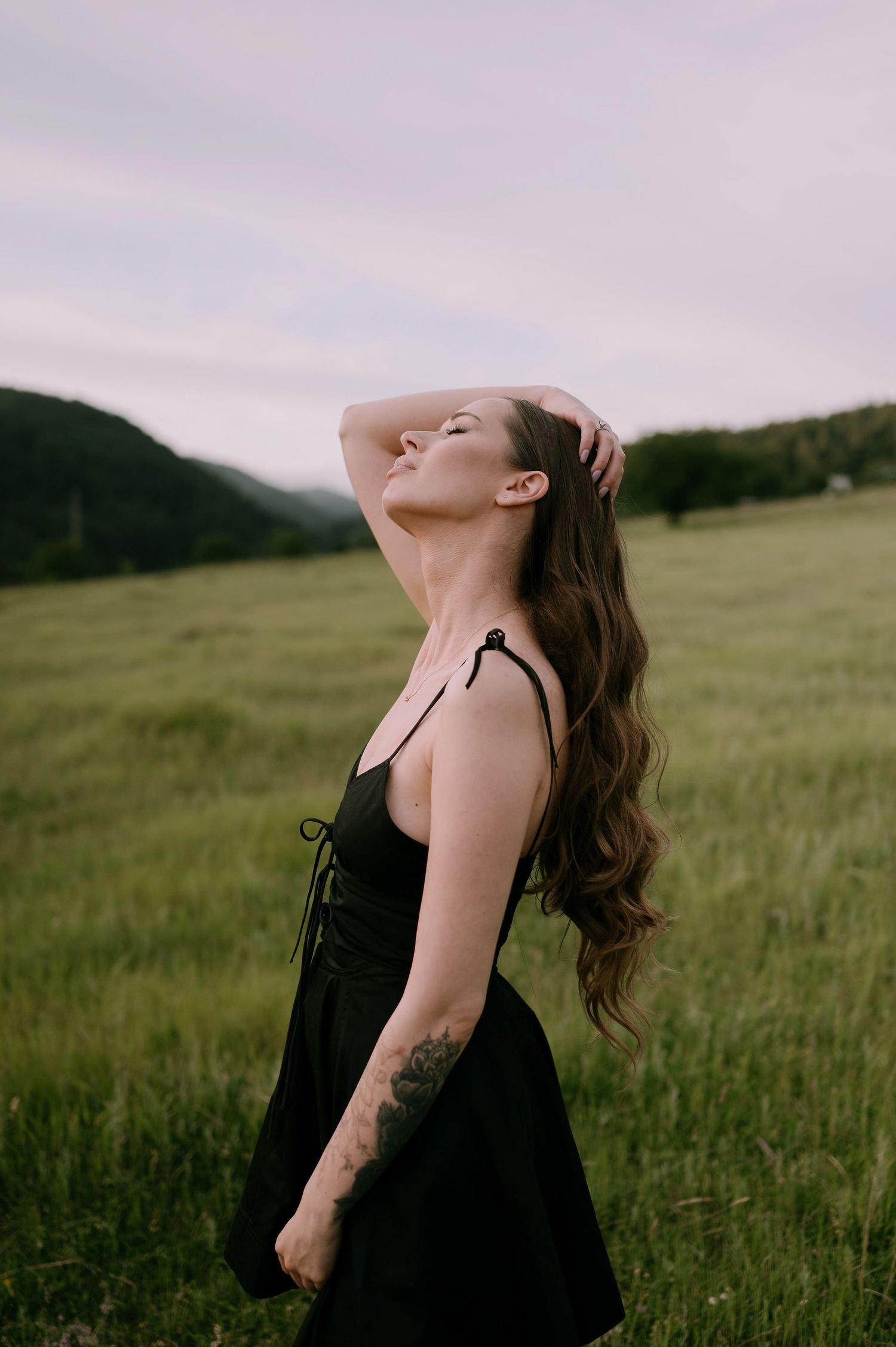 A person in a black dress stands in a green meadow with mountains in the background at dusk.