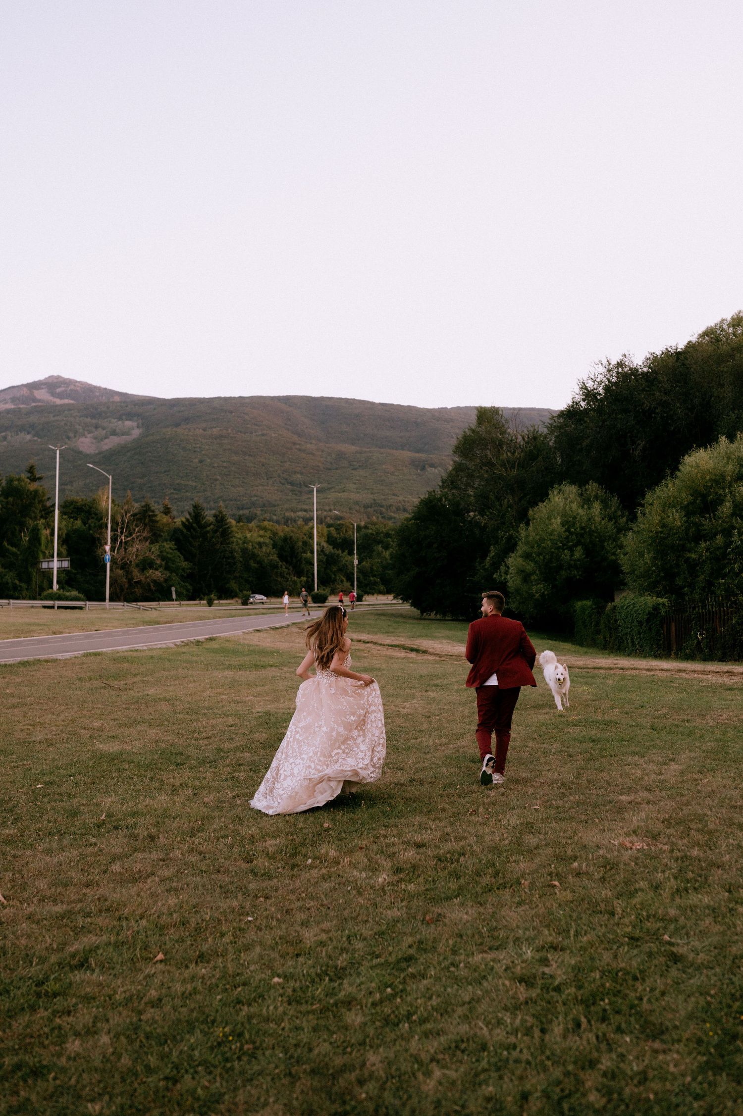 Two people in formal attire run playfully through a mountain meadow with their white dog.
