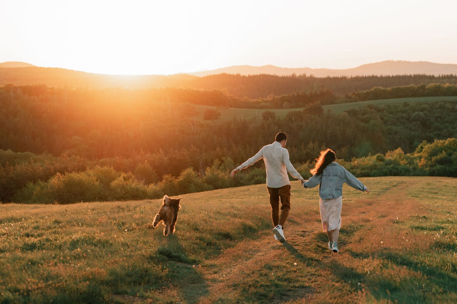 A couple walks hand in hand through rolling hills at sunset while their dog follows behind them on a scenic path.