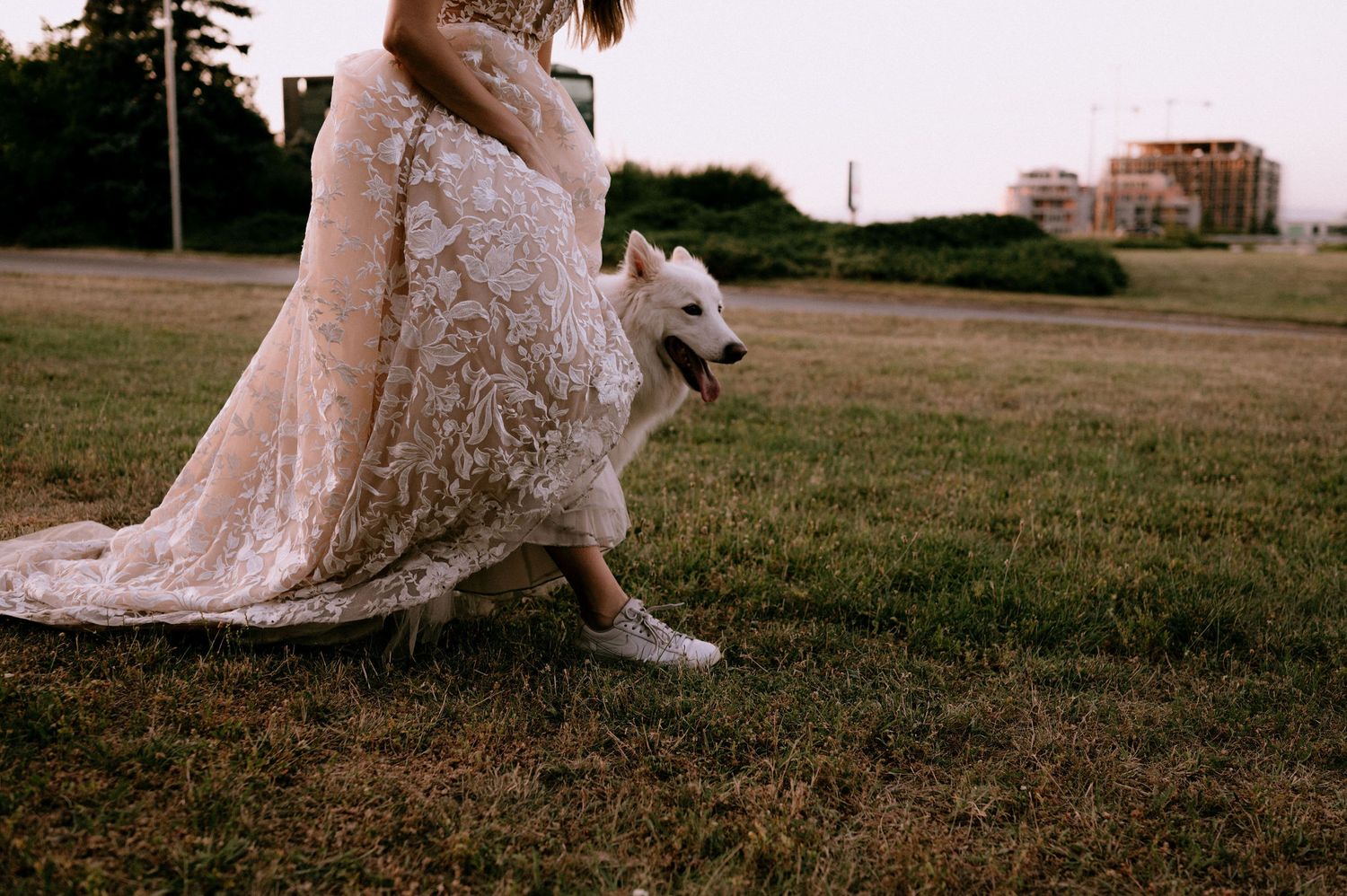 White dog sits on grass near someone wearing a flowing dress.