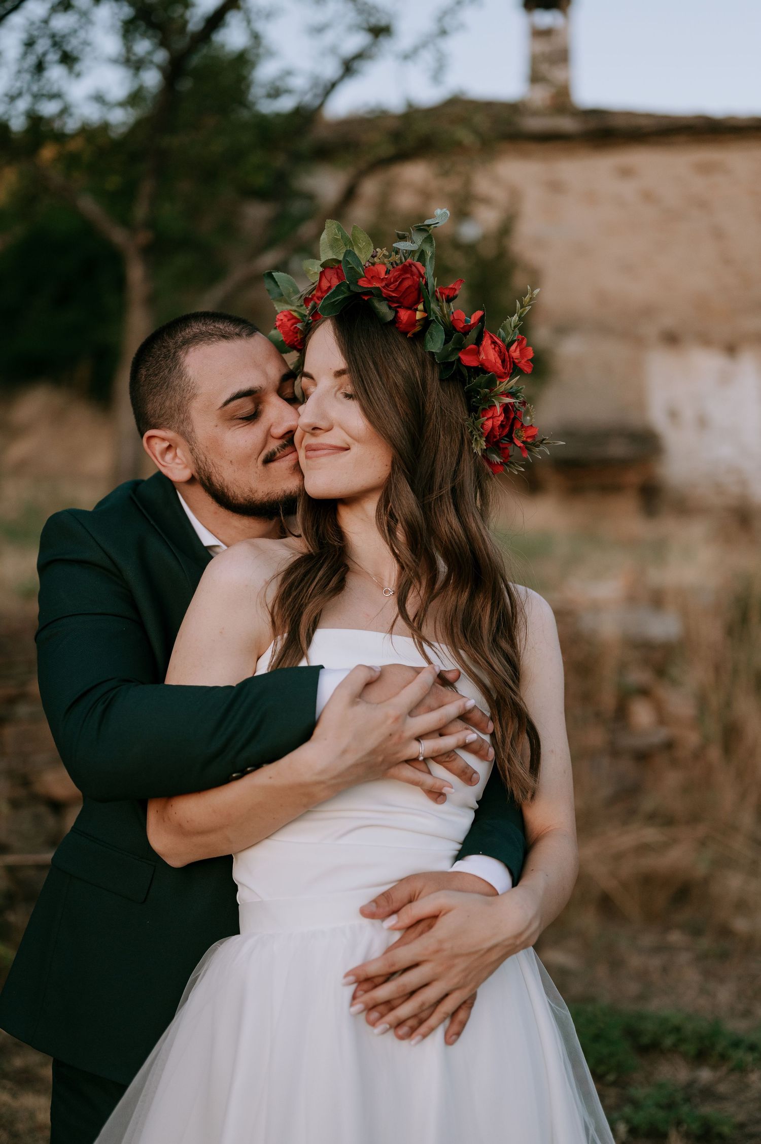 Artistic wedding photo sequence capturing intimate moments in warm evening light.