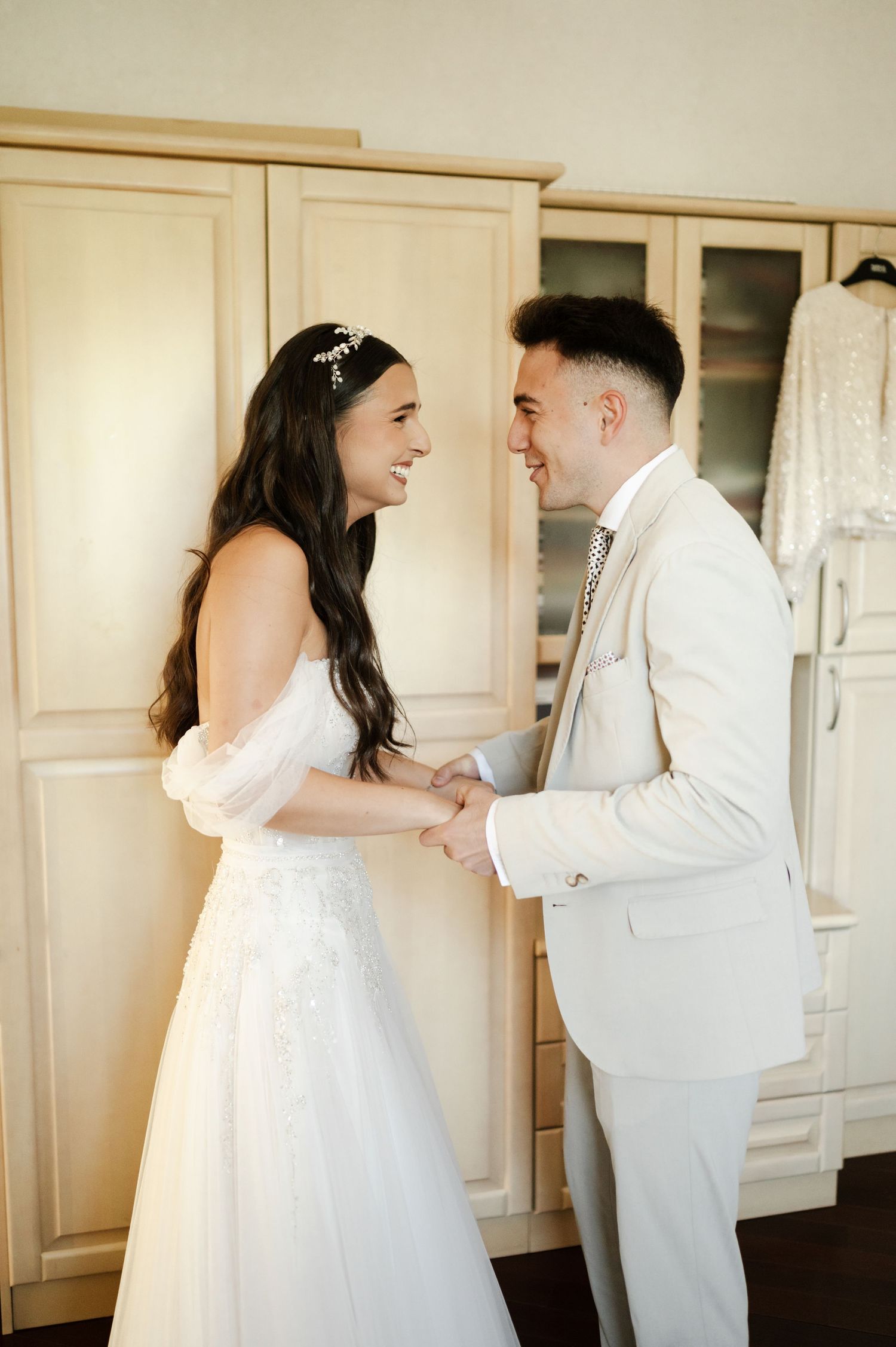 A couple shares their first look before their wedding ceremony.