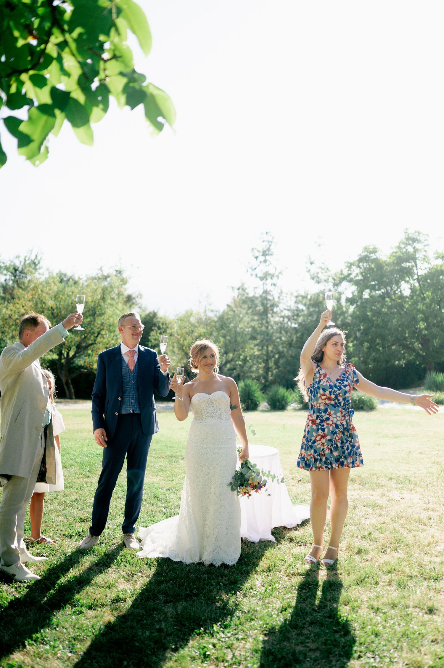 Wedding guests enjoy candid moments on a sunny lawn with trees in the background.