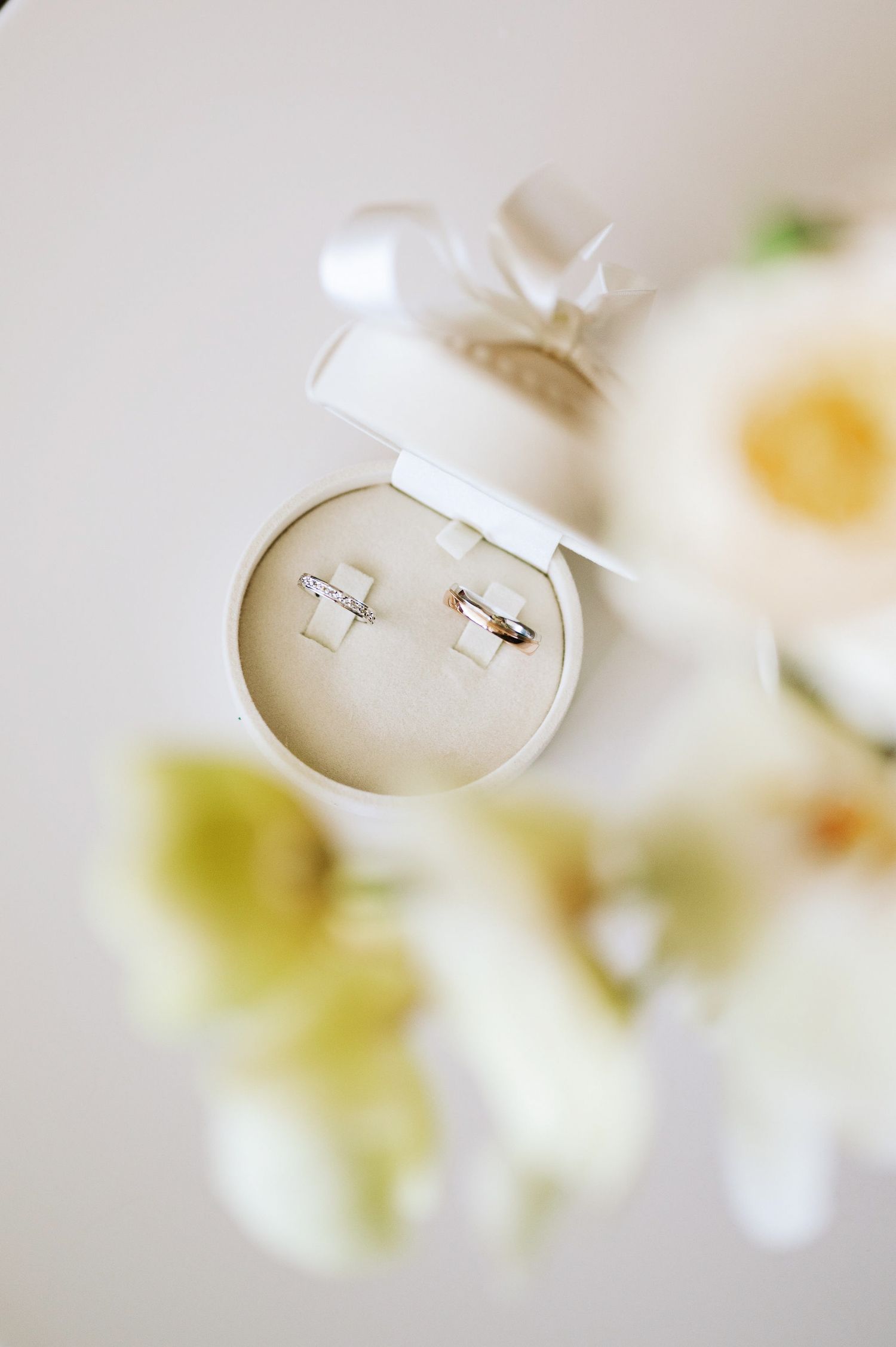 Wedding rings displayed in an elegant white box with soft focus floral elements.