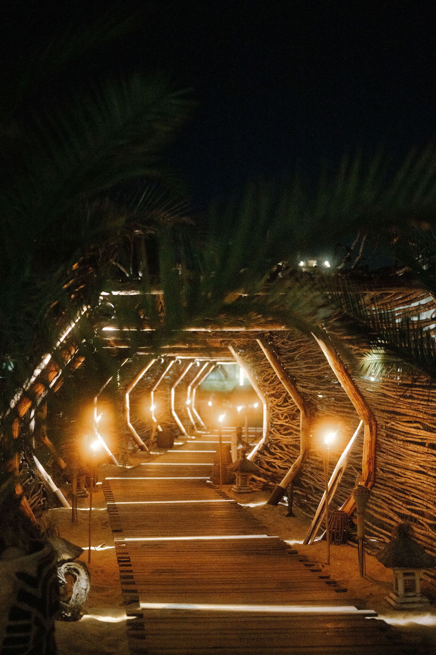Illuminated wooden walkway with palm fronds creating a tunnel-like path lit by warm glowing lights at night.