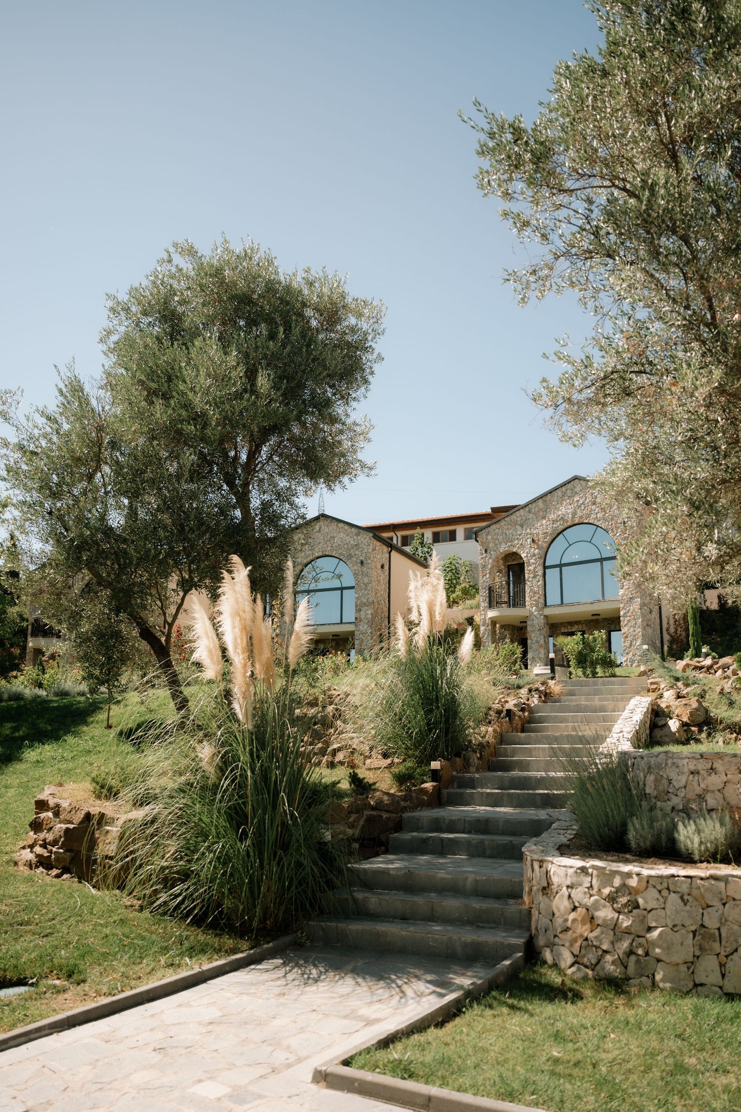 Stone steps lead up a grassy hillside to a rustic Mediterranean villa surrounded by olive trees and landscaping.