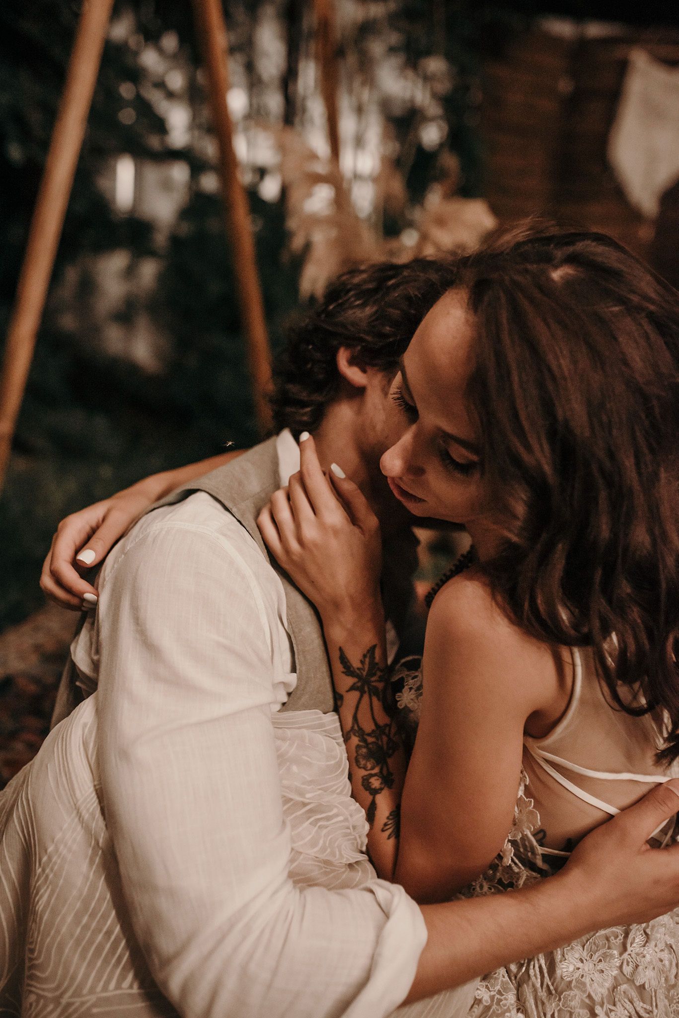 A romantic sequence of intimate moments between a couple in warm lighting.