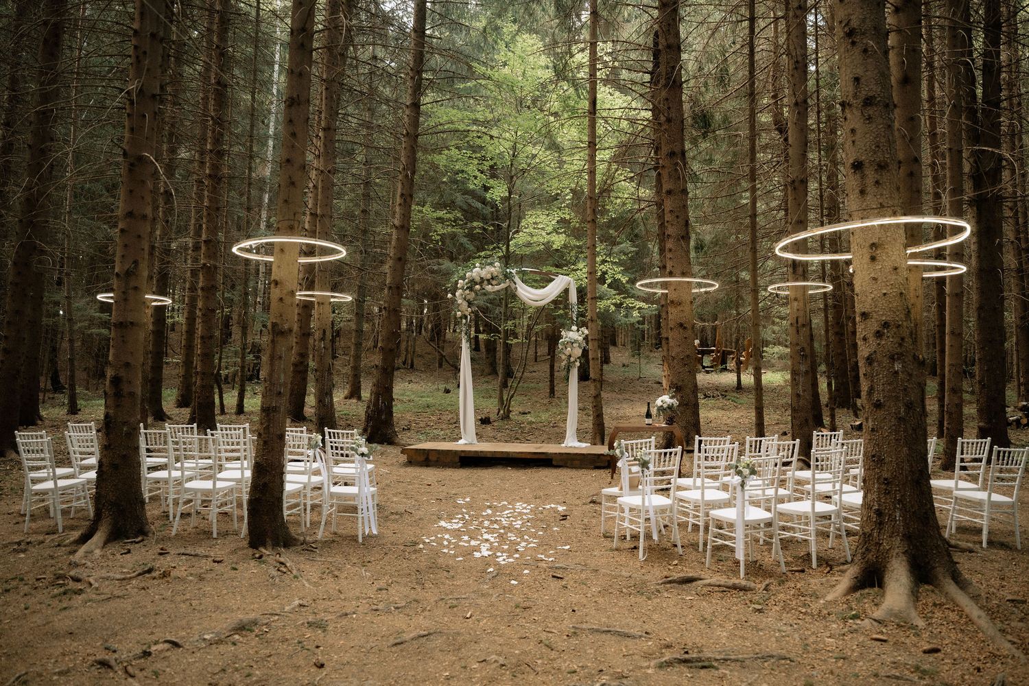 Enchanting outdoor wedding ceremony setup in a pine forest with white chairs, floral arch, and suspended gold hoop decorations.