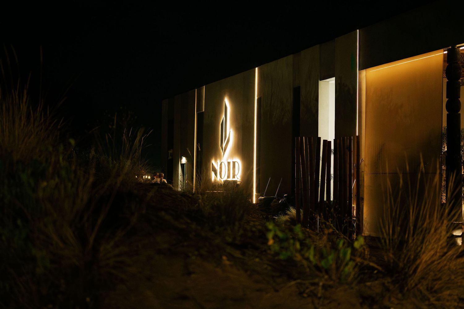 Modern building exterior illuminated at night with desert landscaping and warm lighting.