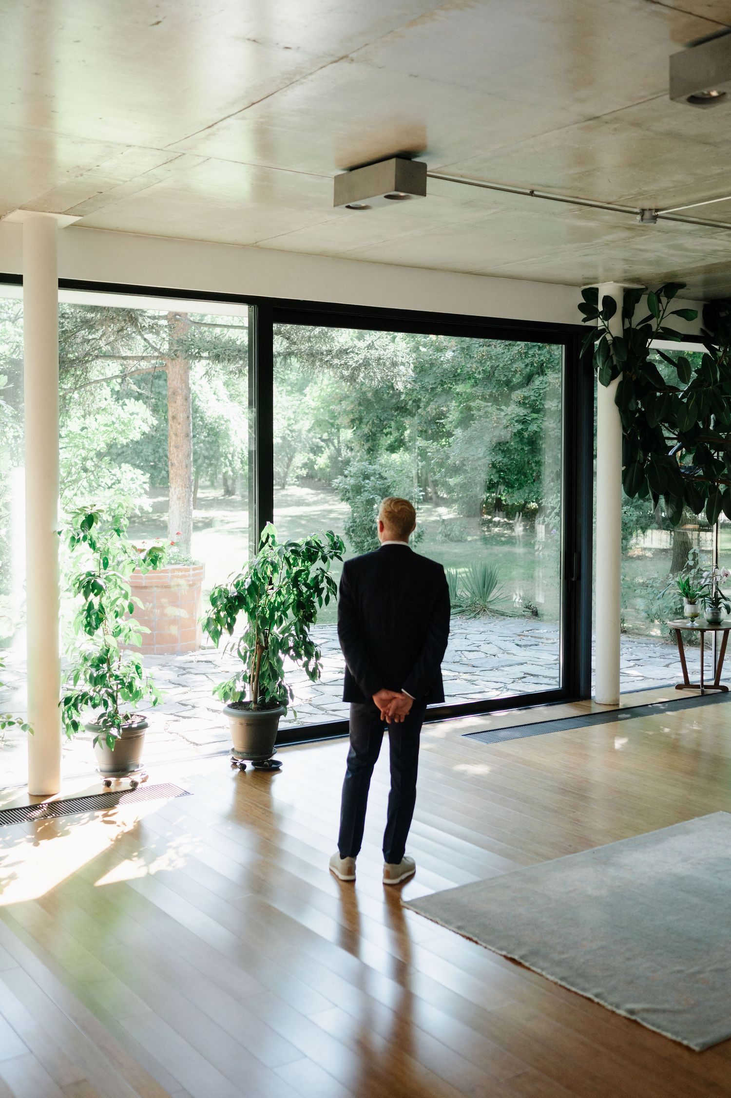 A large empty room with floor-to-ceiling windows and indoor plants creates an open, airy atmosphere.