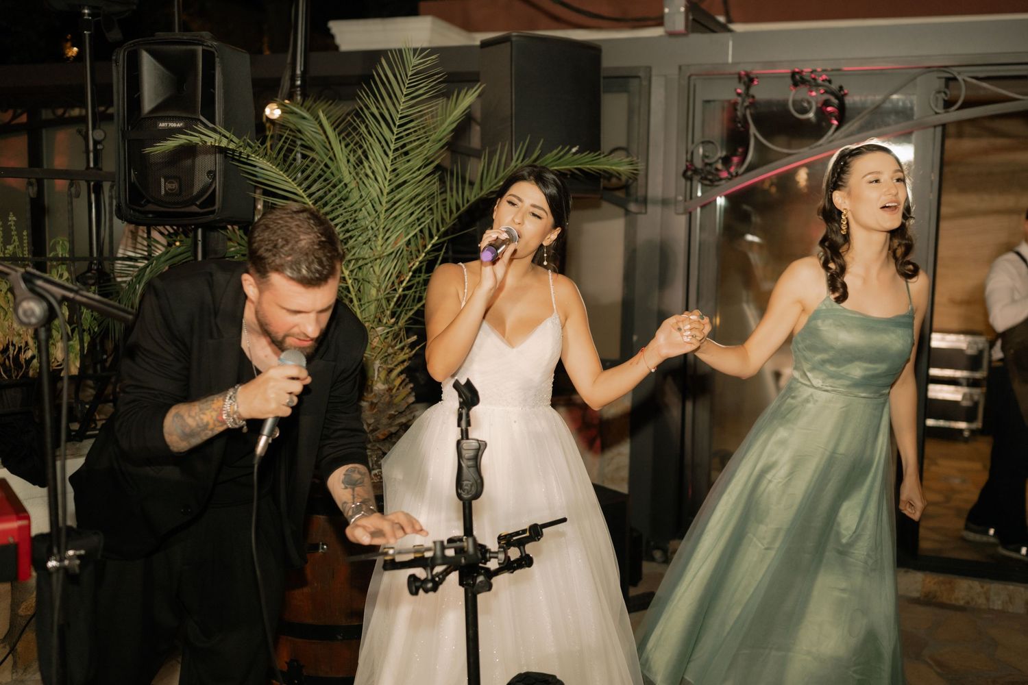 Wedding guests dance and celebrate at a lively reception with a tropical palm decor setting.