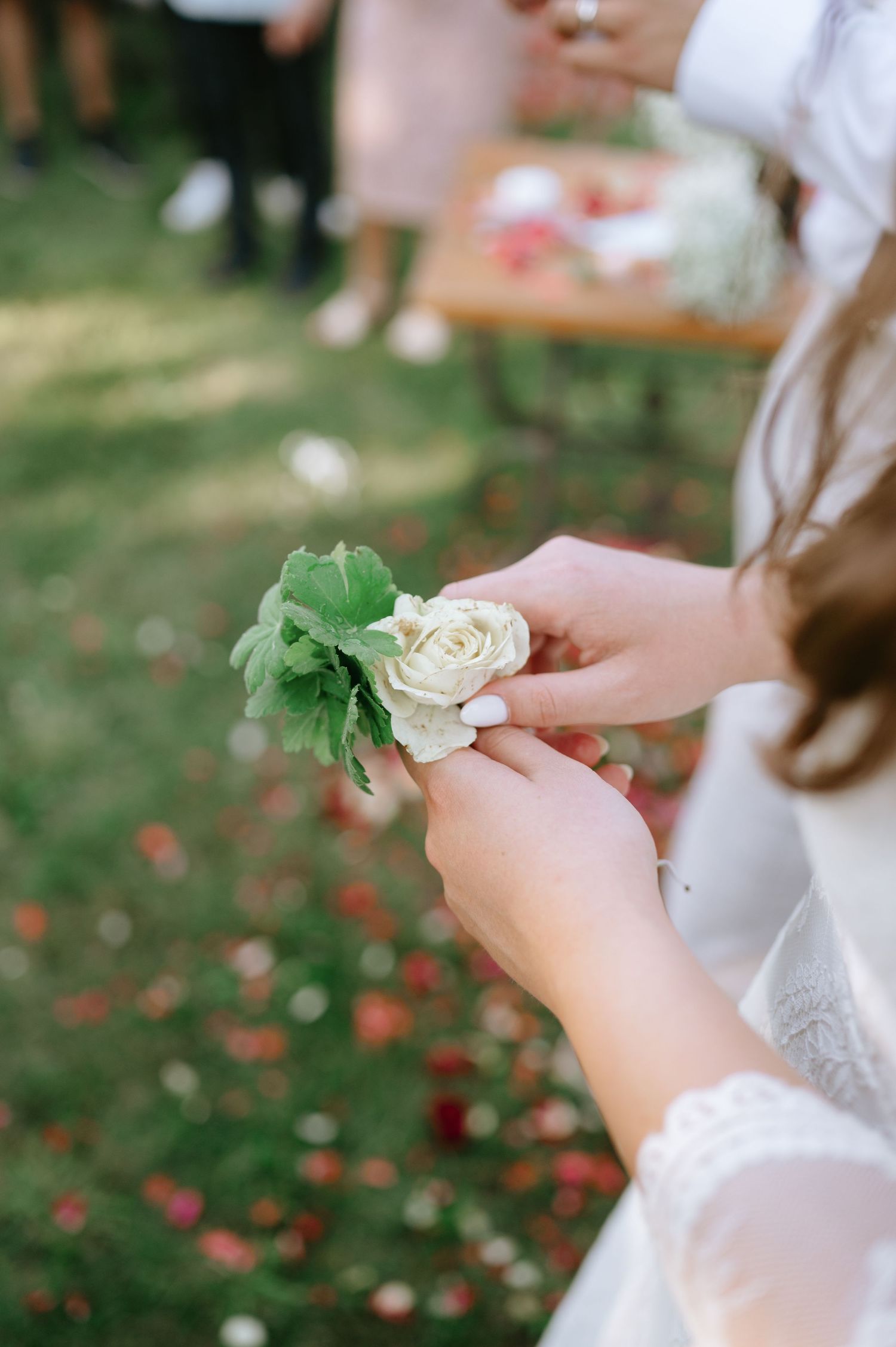 Hands holding a white rose with green leaves against a blurred outdoor background.