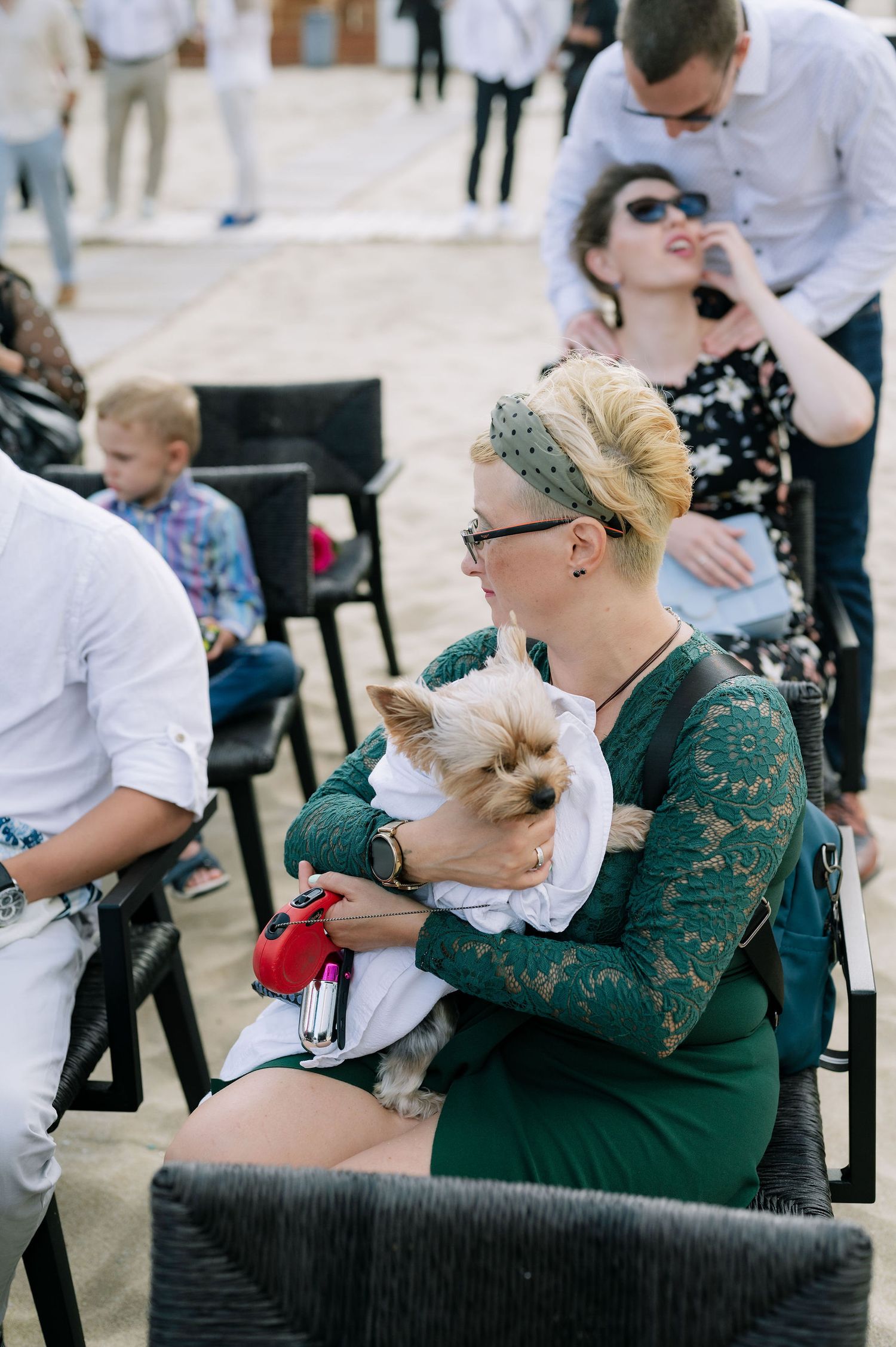 Wedding guests relax in dark chairs on the beach with a small dog.