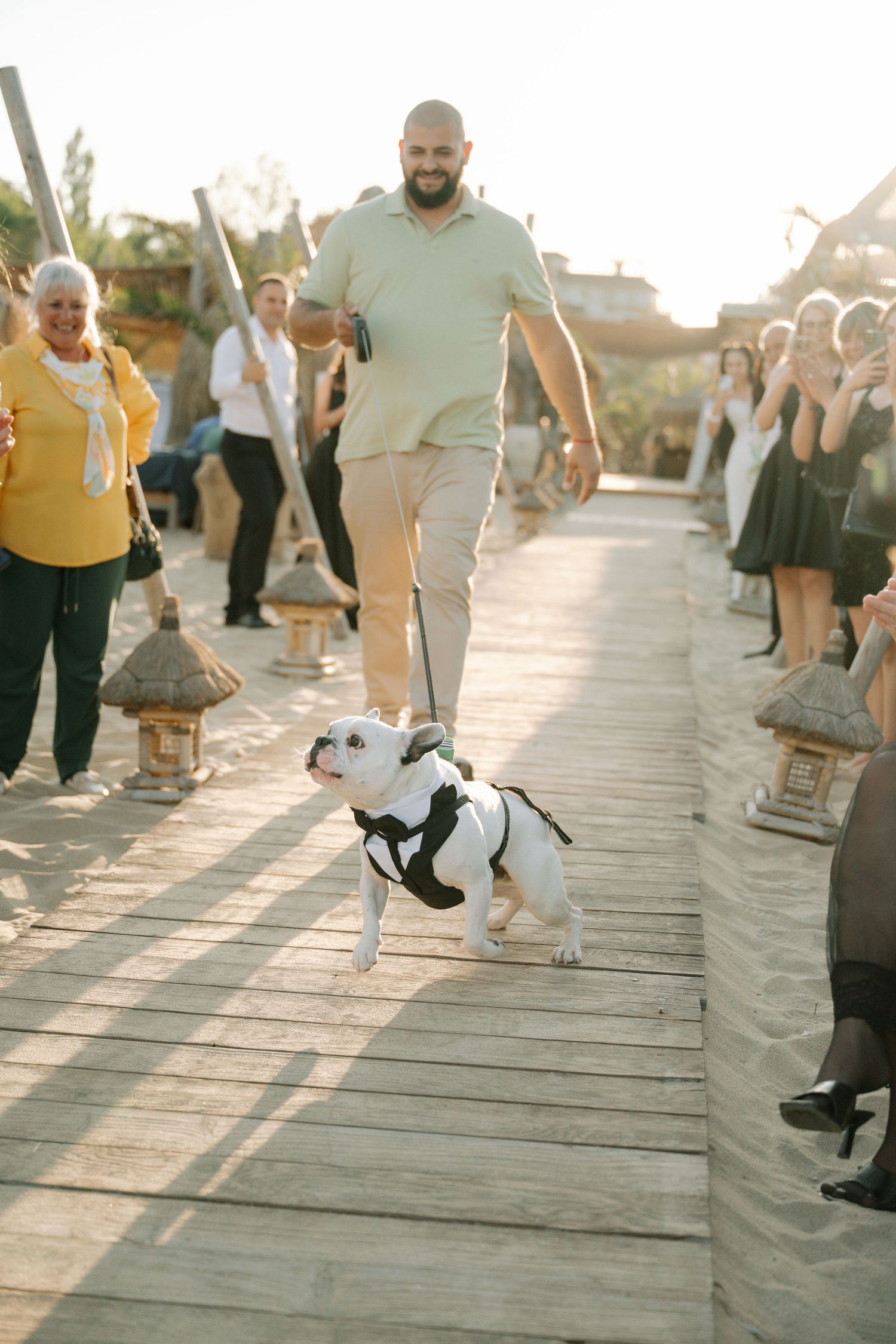 People dancing and moving on a wooden boardwalk during a lively outdoor gathering at sunset.