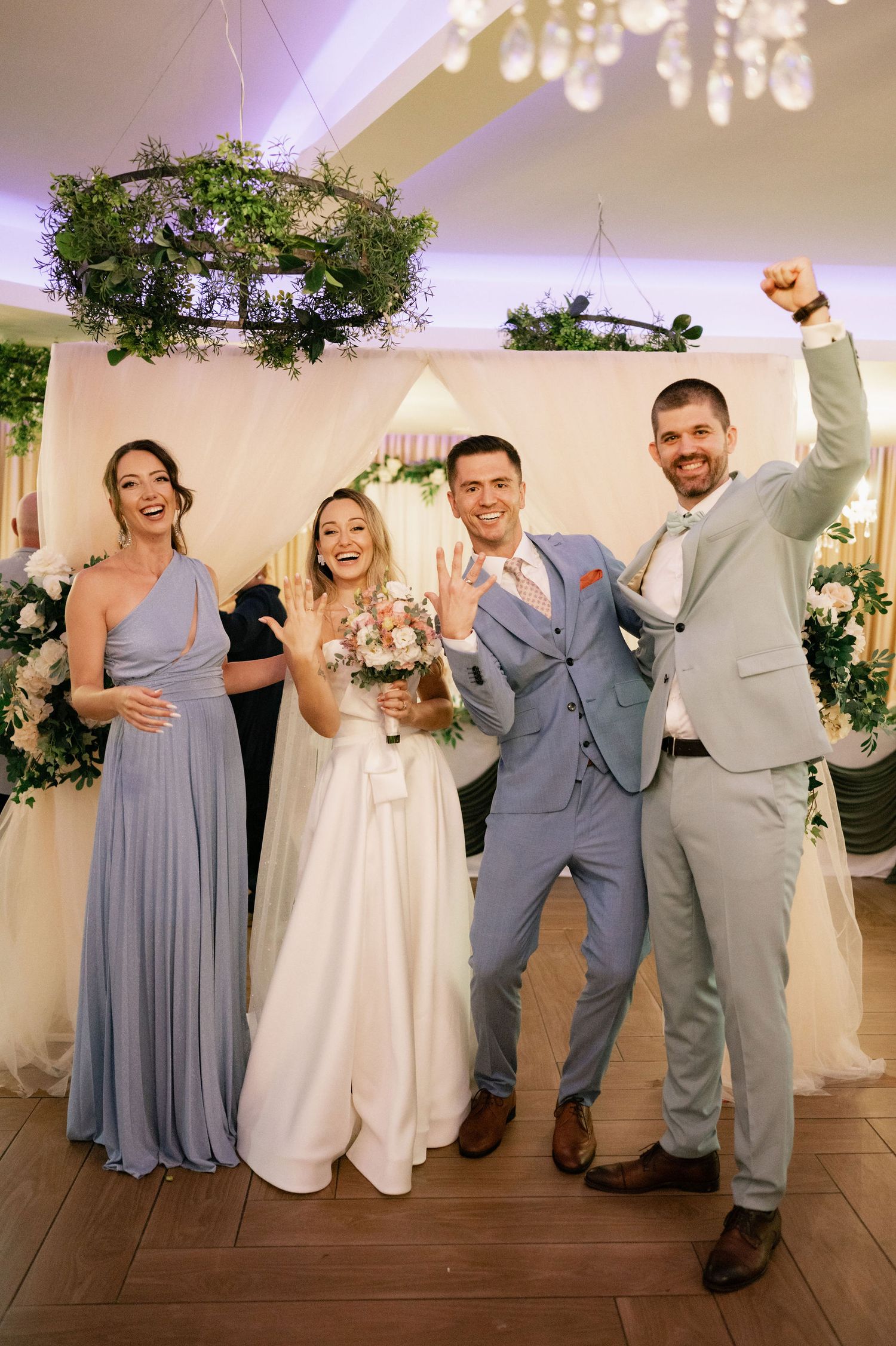 Wedding party members in light blue dresses and gray suits pose playfully in a sequence of candid celebration shots.