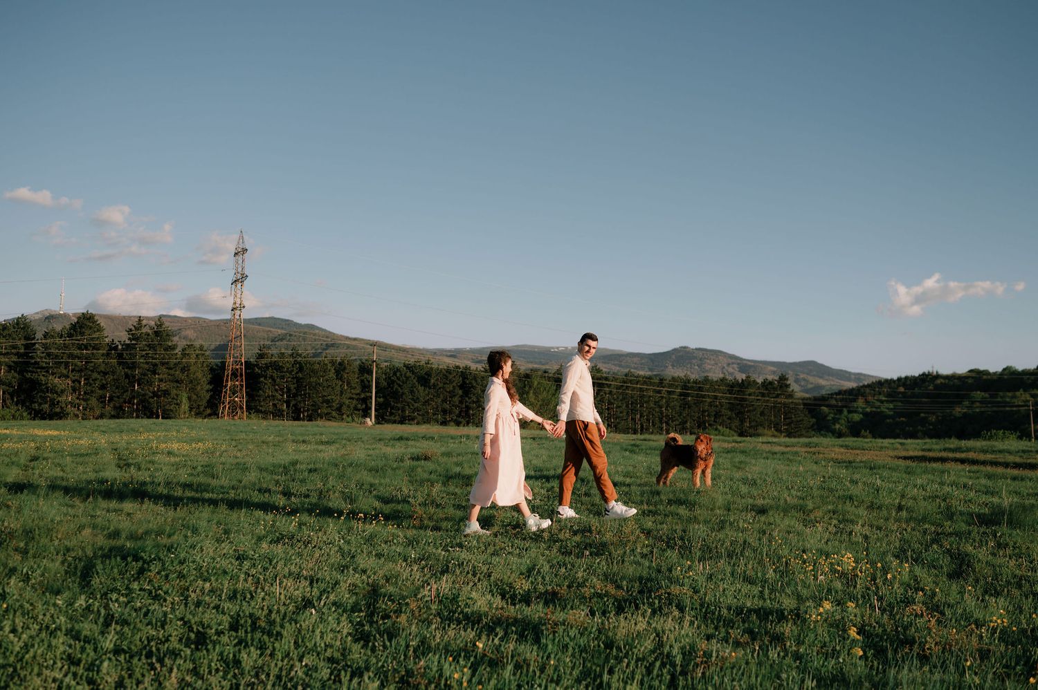 People and dogs enjoy a peaceful moment in a vast green field with mountains in the distance.
