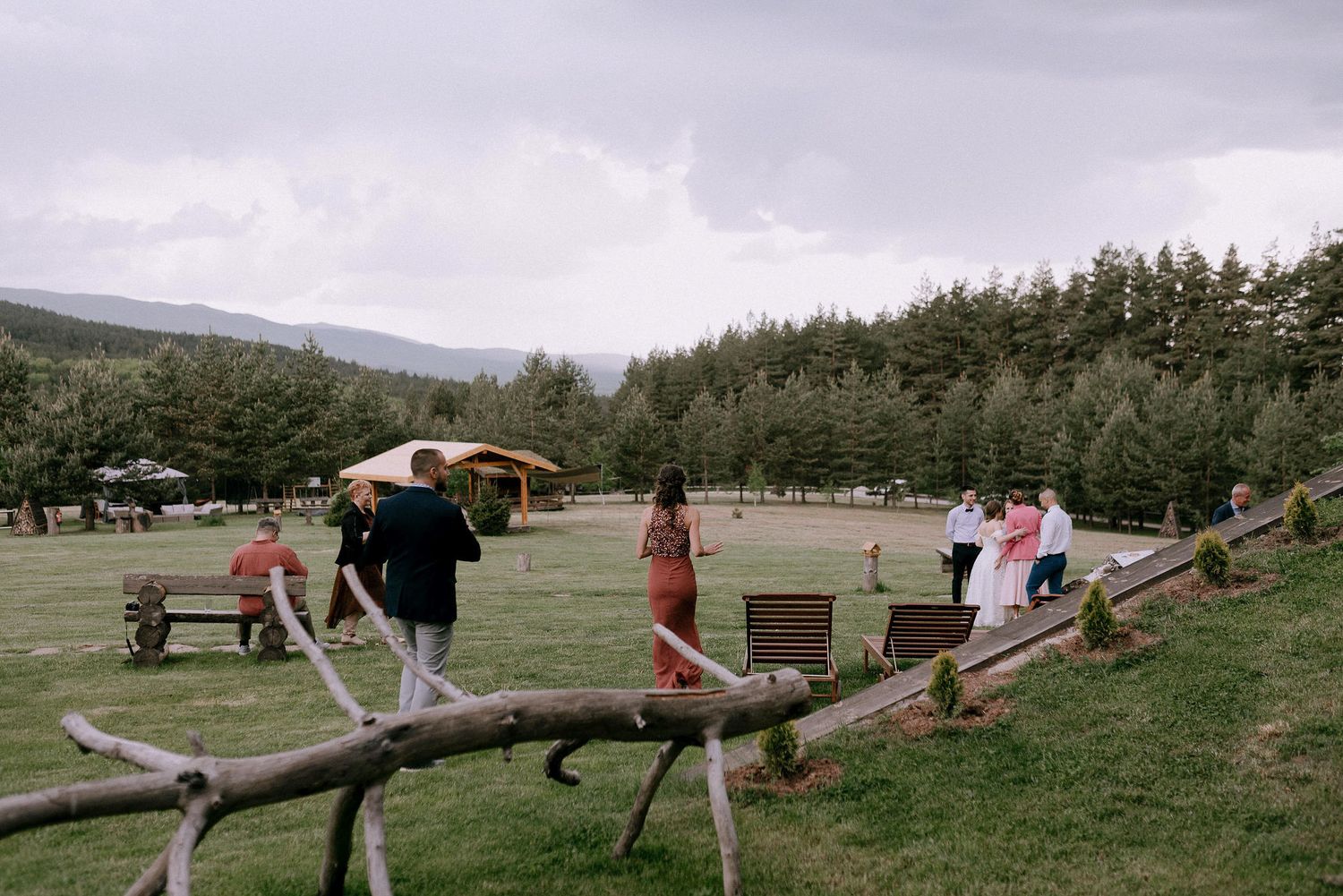 Wooden balance beams arranged in a grassy field with mountains in the background.