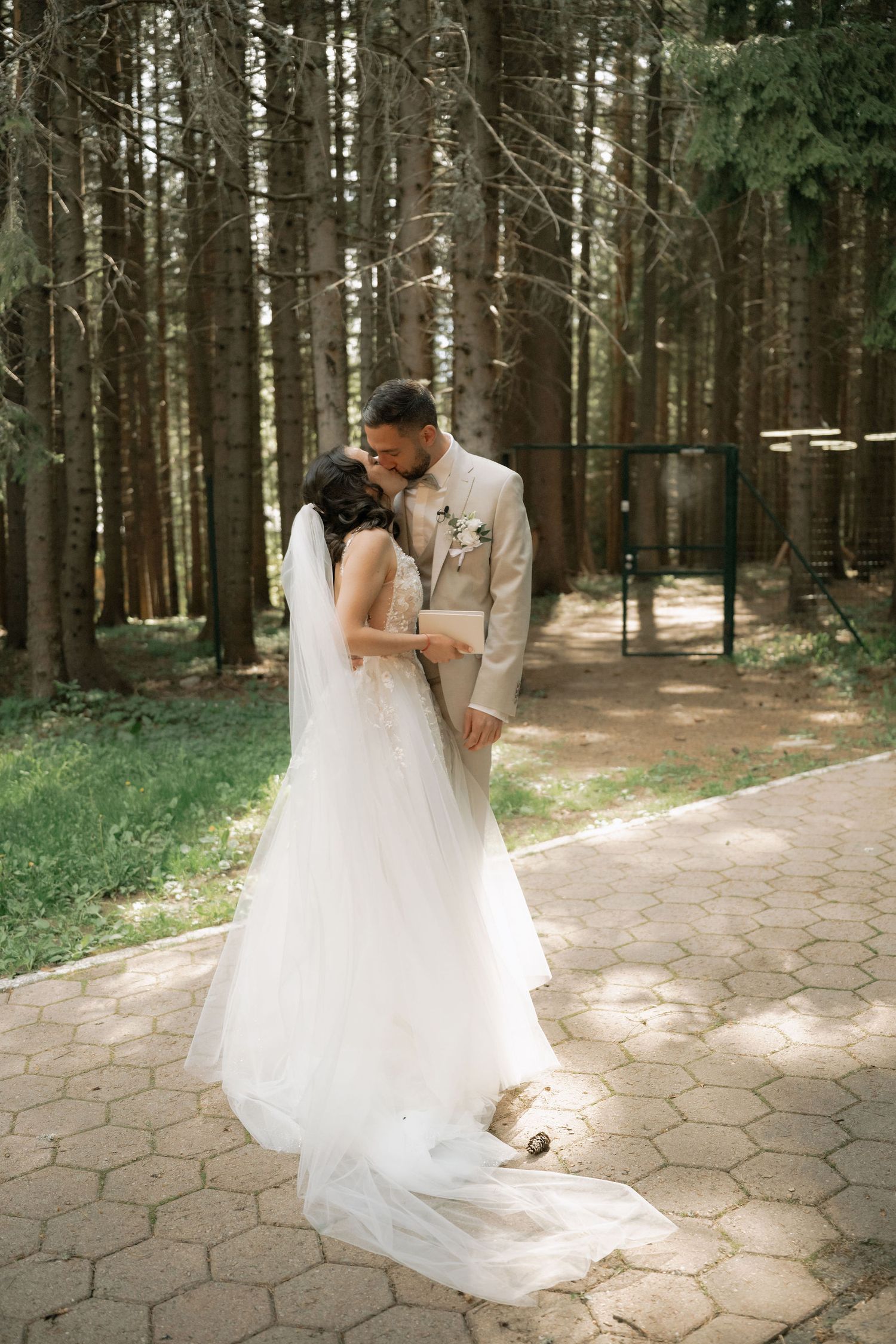 Bride and groom share a romantic kiss on a paved path surrounded by tall pine trees in a lush forest setting.