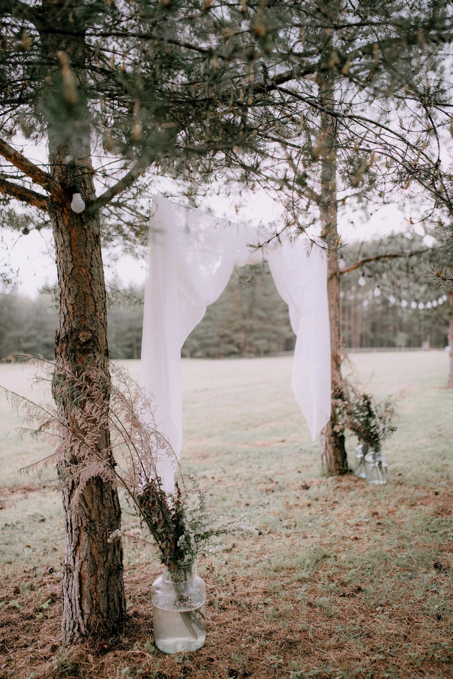 Elegant white fabric wedding arch with floral decorations strung between pine trees.