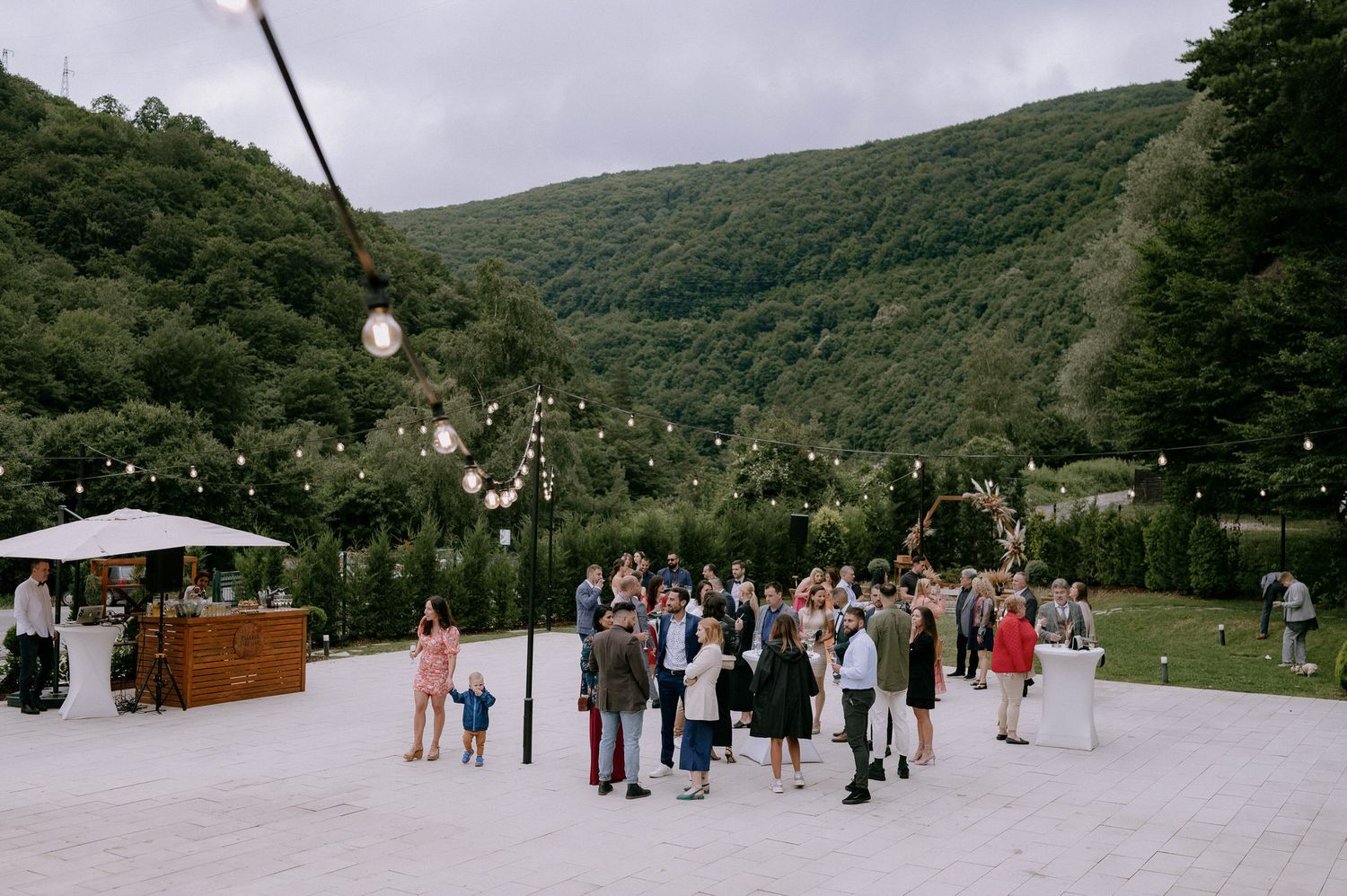 Wedding attendees stand in a grassy field with rolling hills and mountains in the background under cloudy skies.