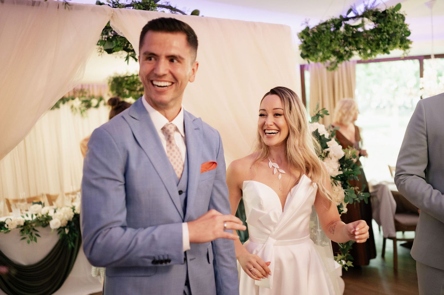 A wedding celebration montage showing joyful moments between a couple in formal attire at an indoor venue.