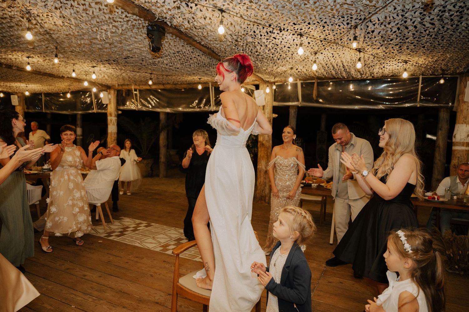 A sequence of wedding reception photos showing couples dancing and celebrating under twinkling lights.