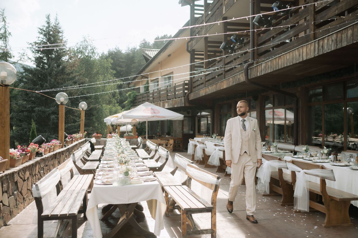 A series of vintage photographs showing a bowling alley with wooden lanes and outdoor seating areas.