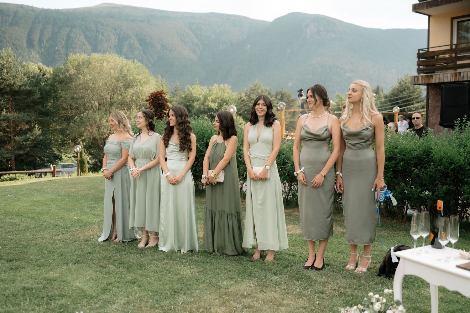 Wedding attendees in coordinated sage green and neutral dresses stand together on a grassy hillside.