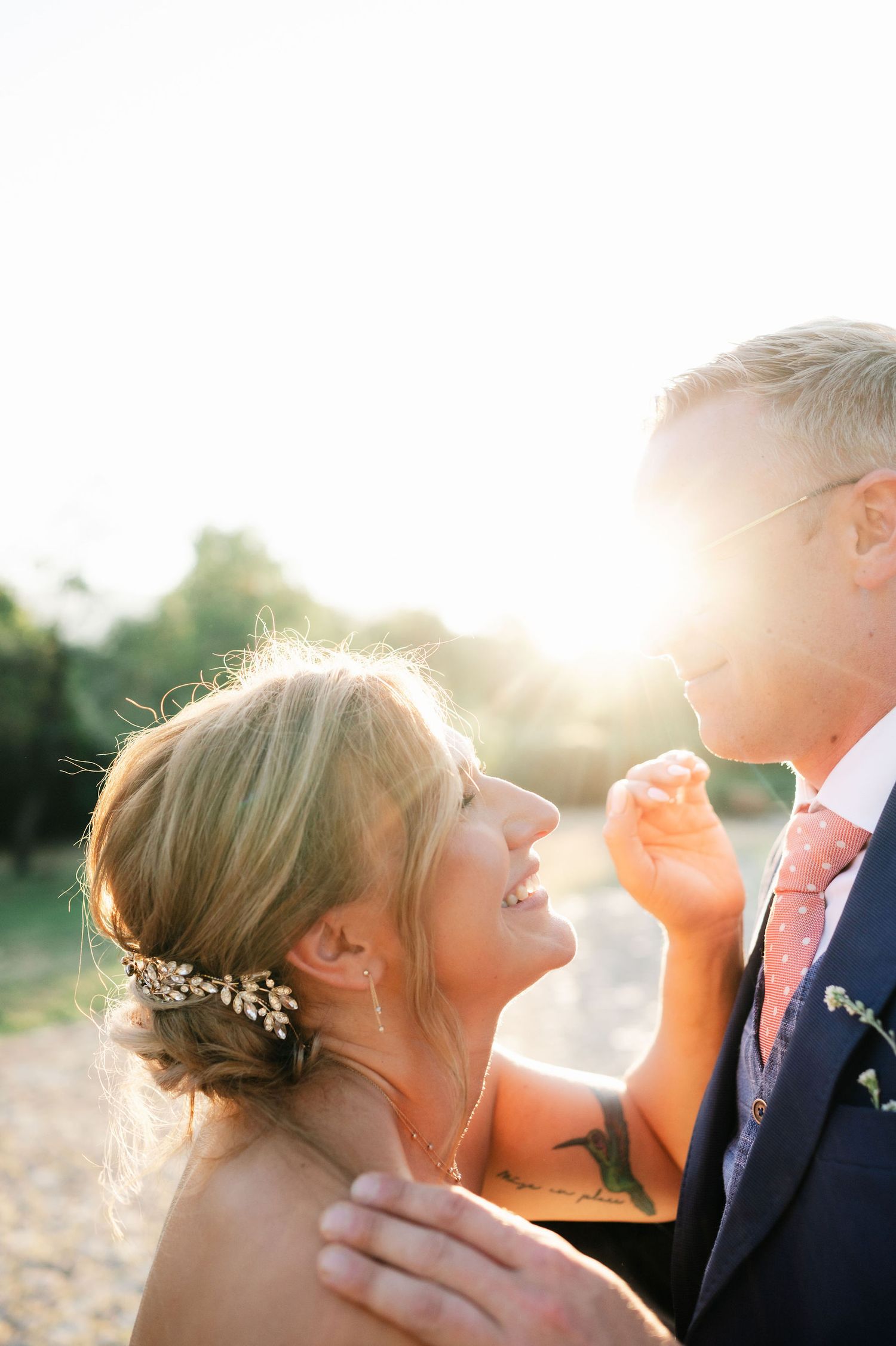 Beautiful golden hour wedding photography sequence with soft backlighting.