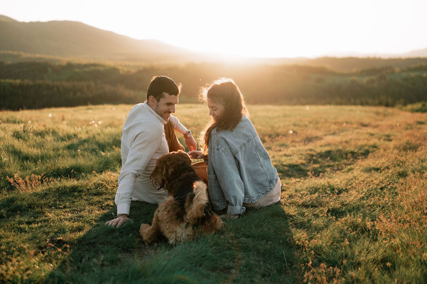 A couple shares an intimate moment in a golden sunlit field during sunset.