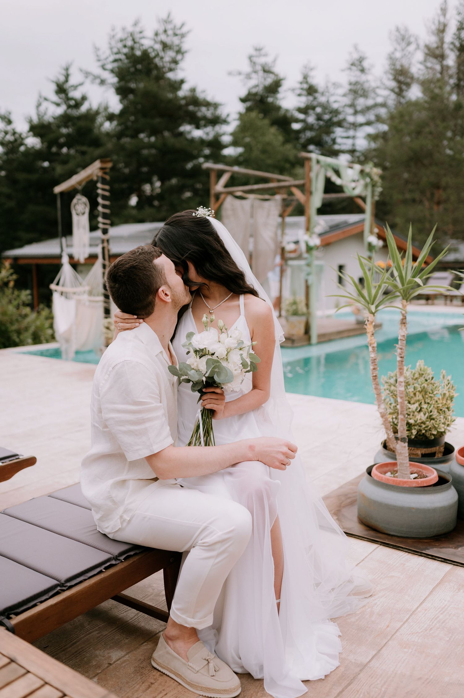 Romantic wedding photo sequence showing couple in white against poolside setting.