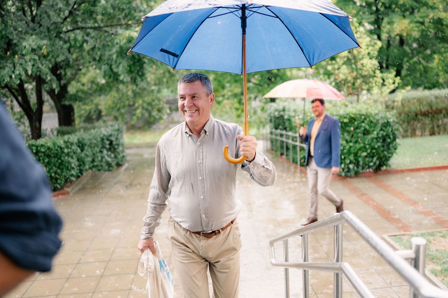 A person holds a blue umbrella while walking through a lush garden path on a sunny day.