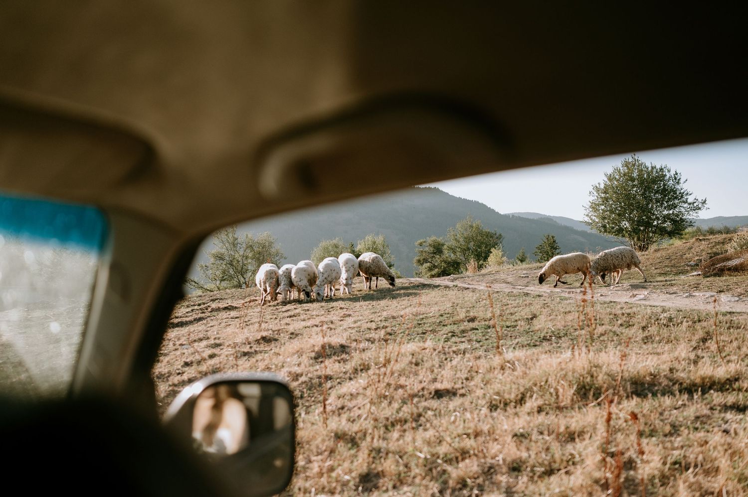 Rocky hillside terrain viewed through a car windshield during a sunny day.