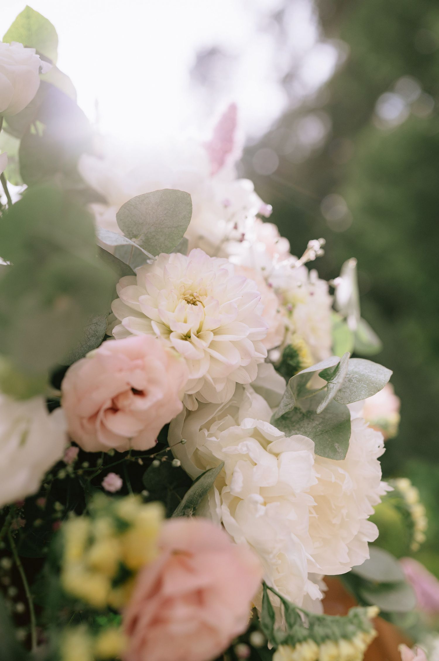 Delicate pink and white floral arrangement with soft bokeh background.