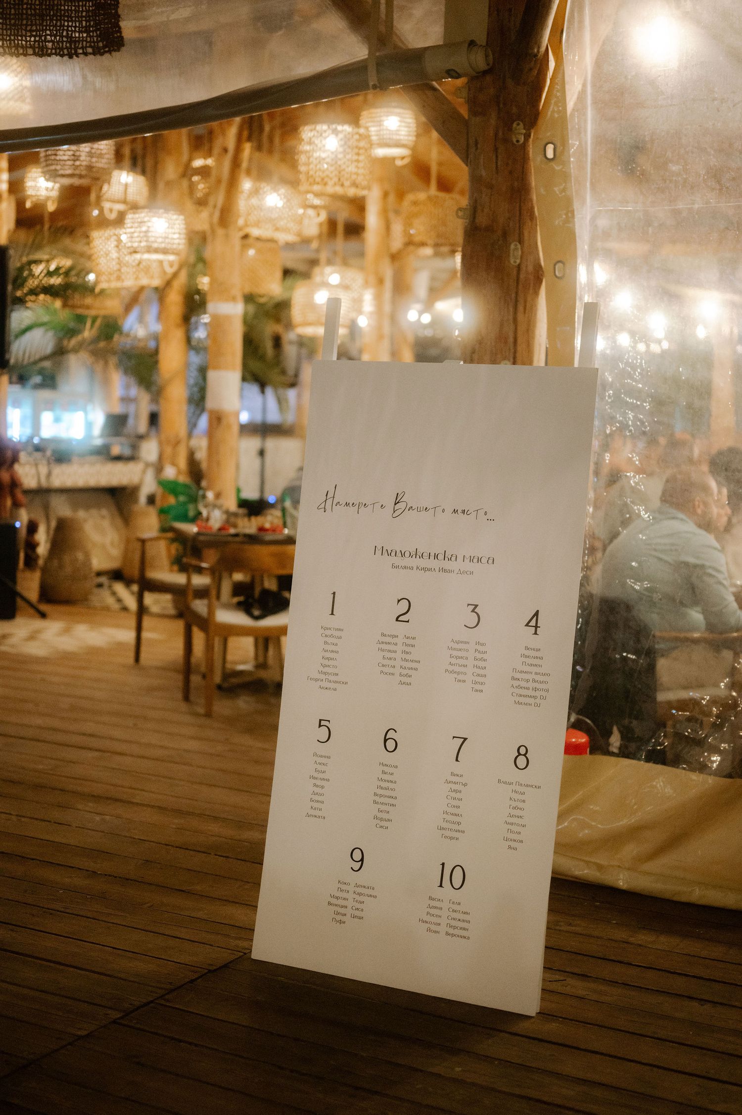 A table number card displayed at a rustic restaurant with warm lighting and wooden decor in the background.