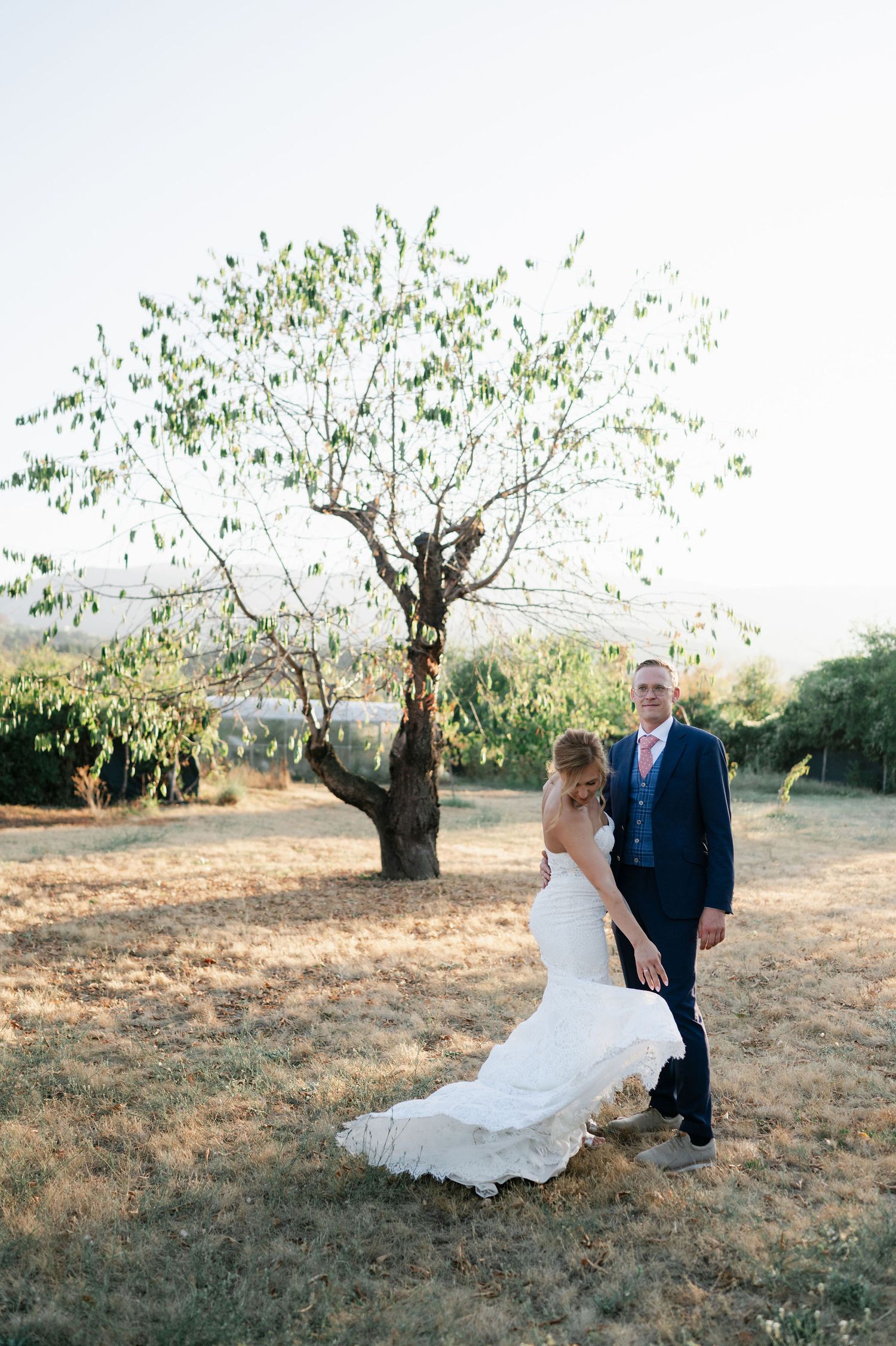 Wedding couple walking through orchard at golden hour.